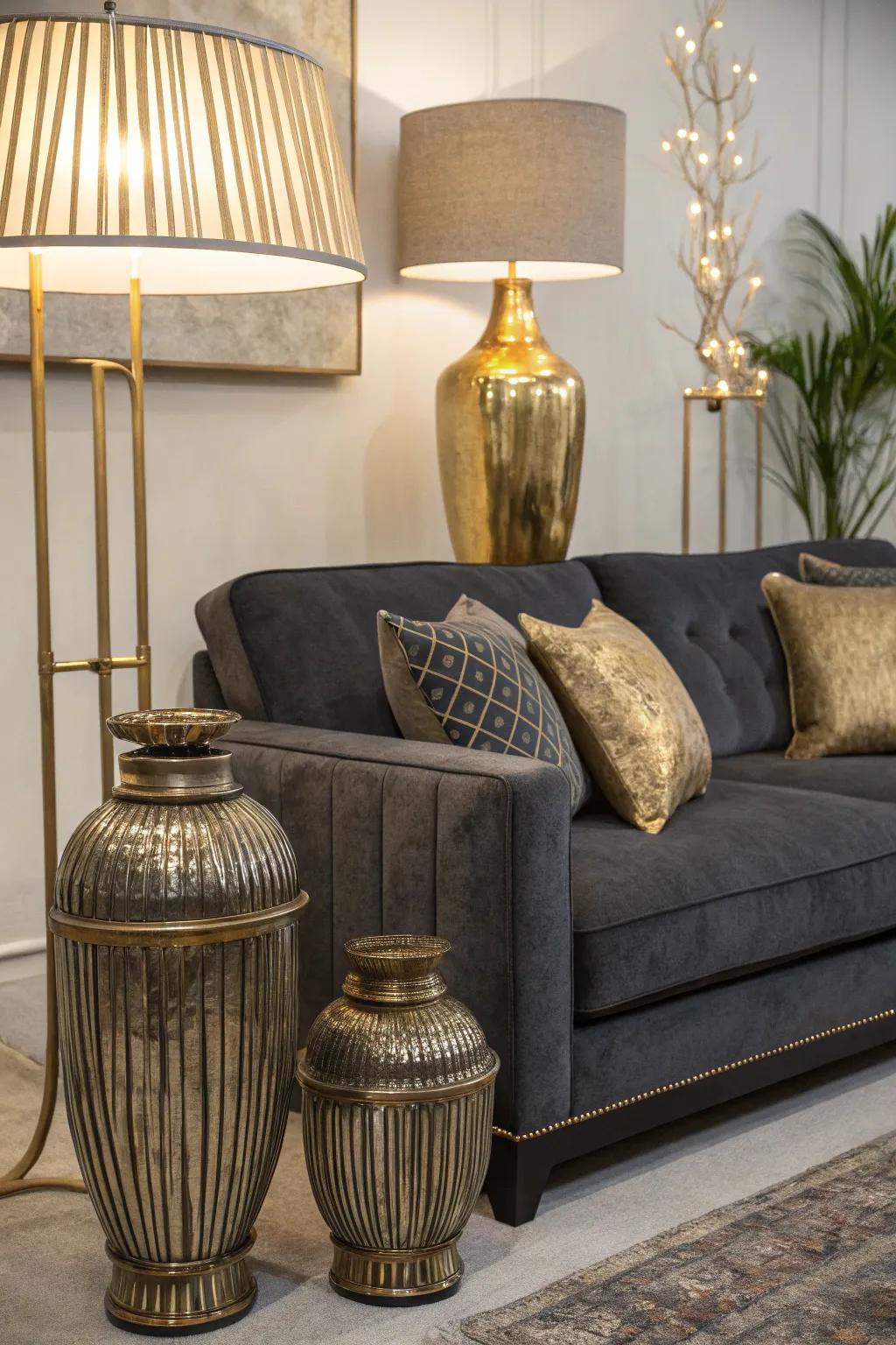 Metallic details introduce a dash of opulence to a grey loveseat setting.