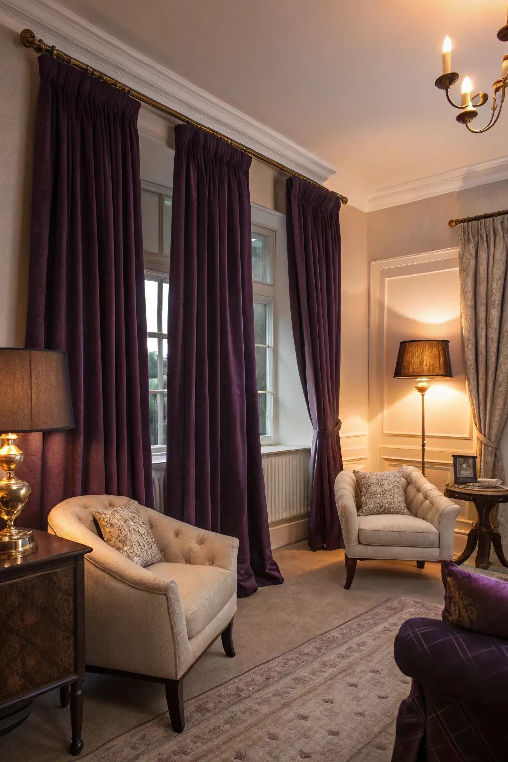 Deep violet window coverings add sophistication and privacy to this refined living space.