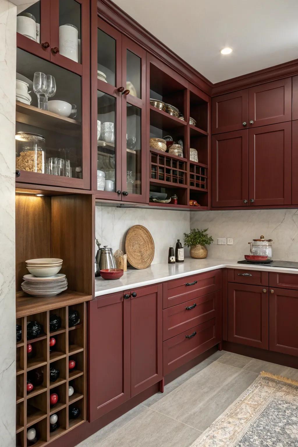 Crimson-toned cabinets paired with open display shelves for a personalized touch.