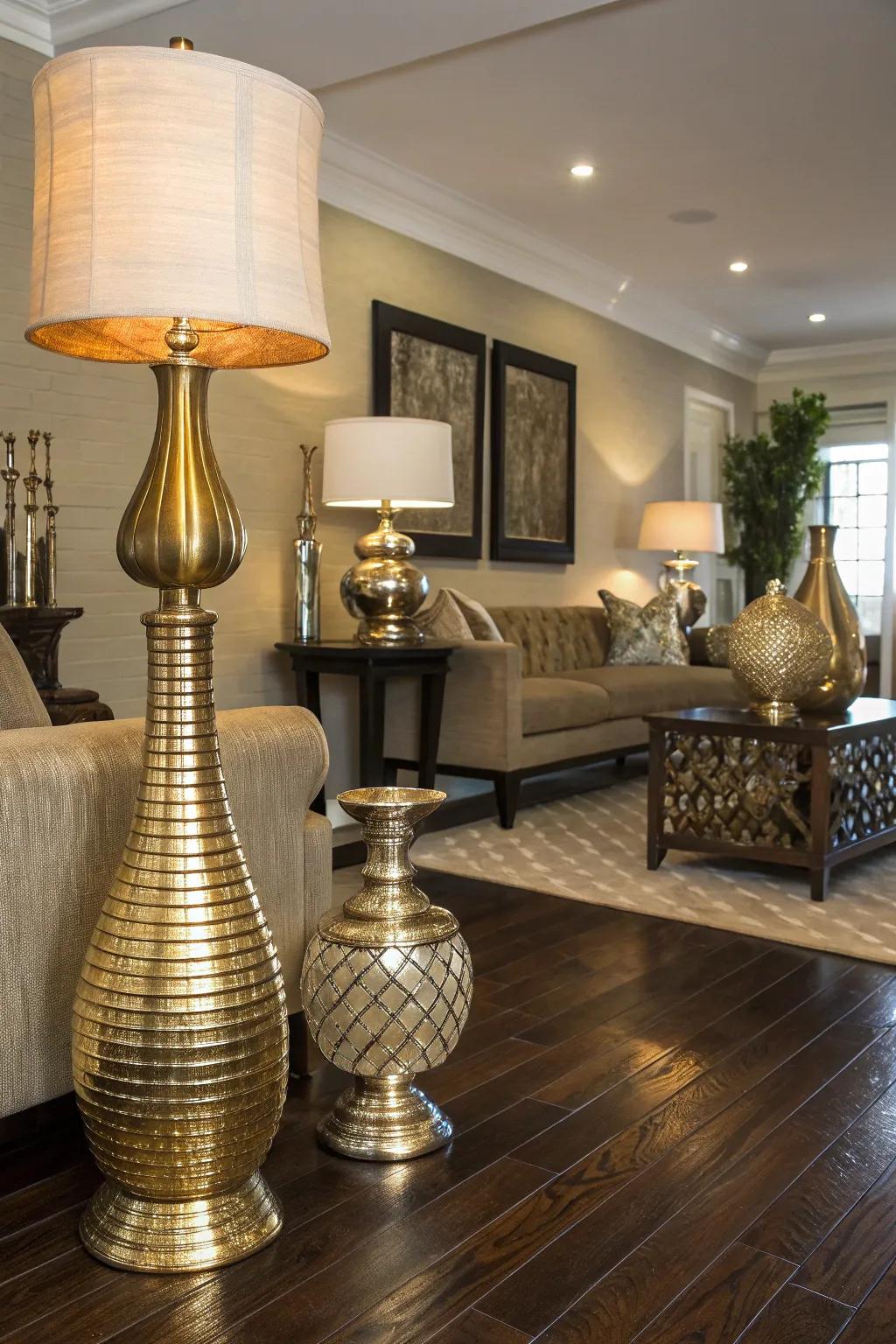 Metallic accents introduce a glamorous touch that highlights dark wood floors.