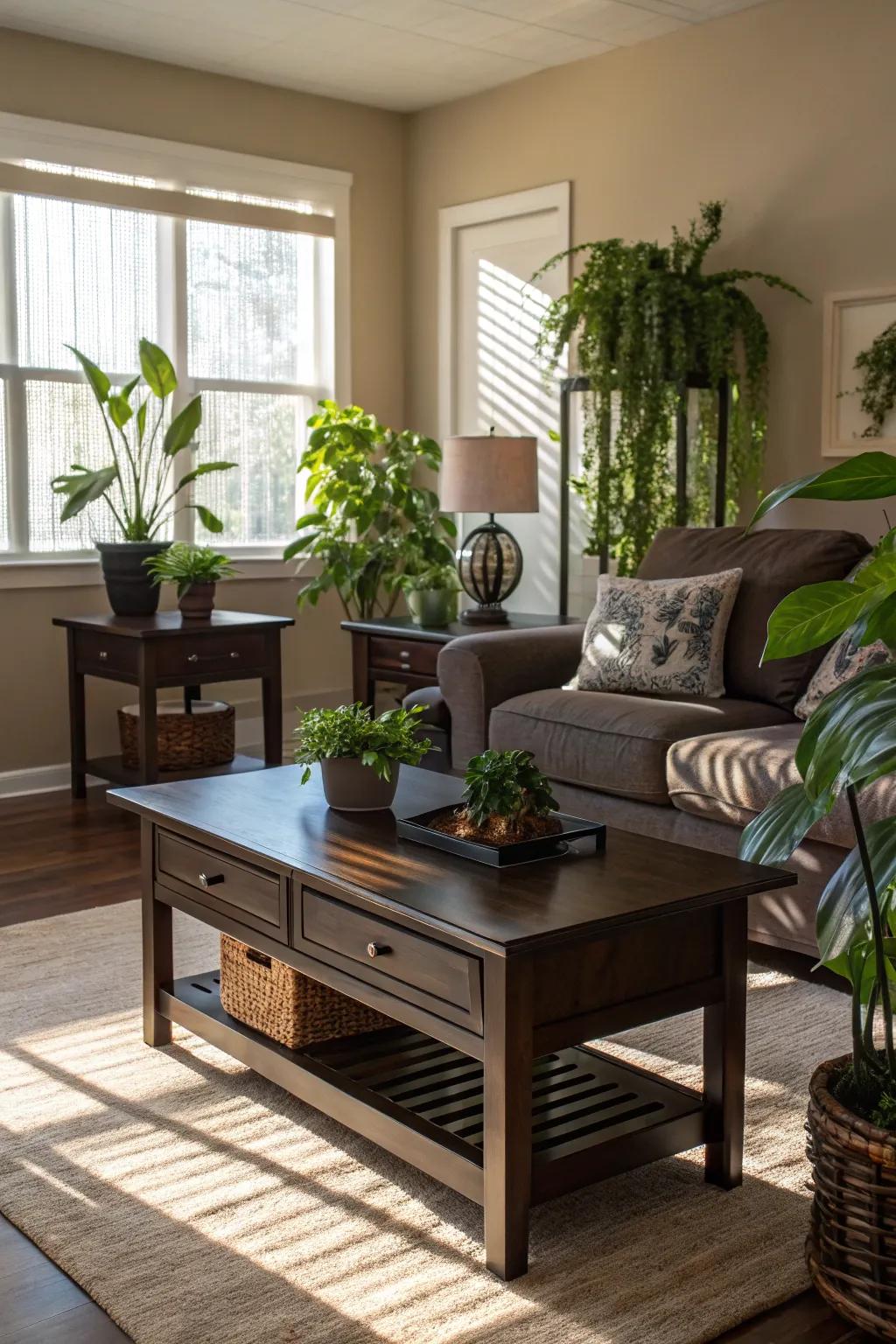 Flora adds vitality and contrast to interiors featuring deep-toned timber.