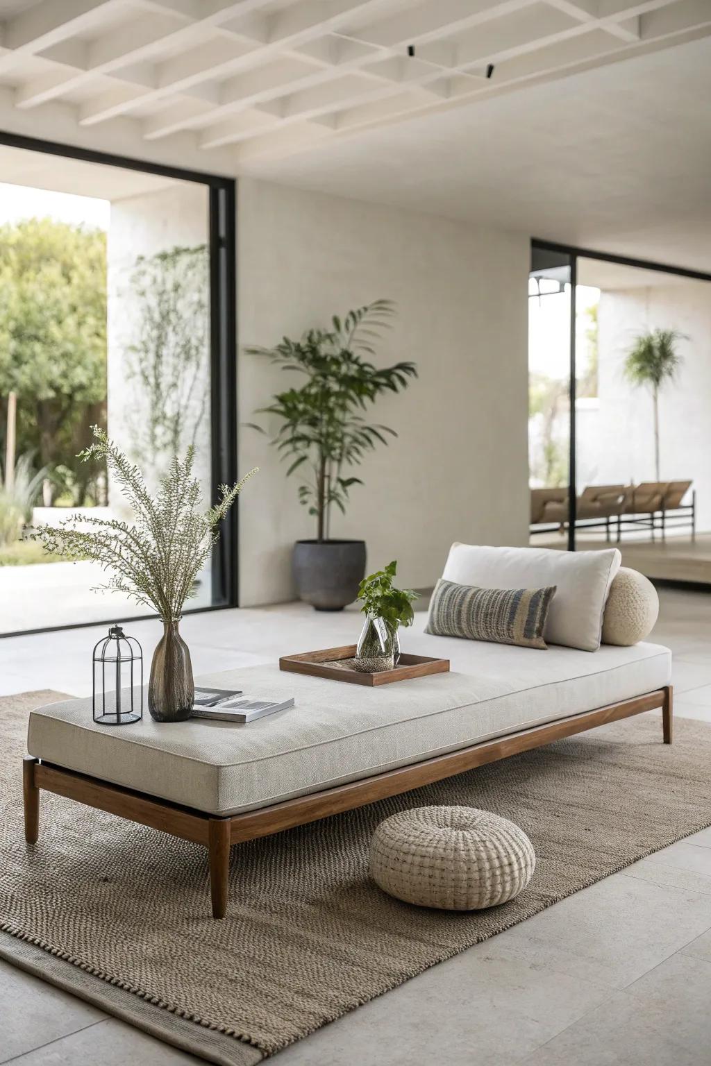 A minimalist daybed enhances a streamlined living room.