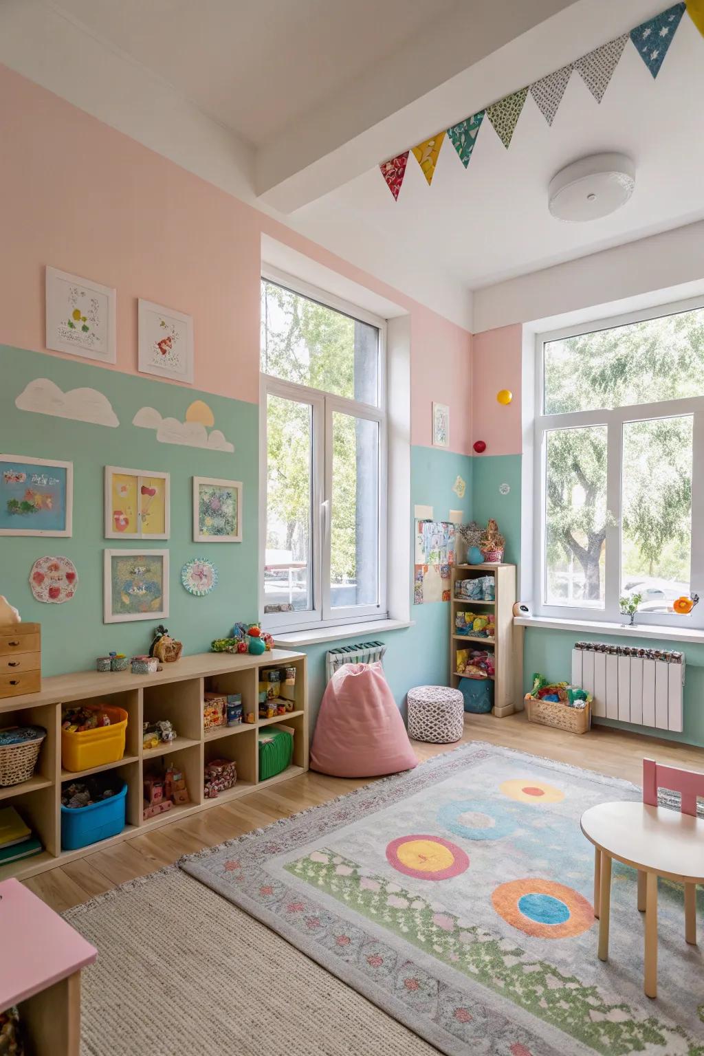 A relaxing yet stimulating daycare area with a mix of intense and soft colors.