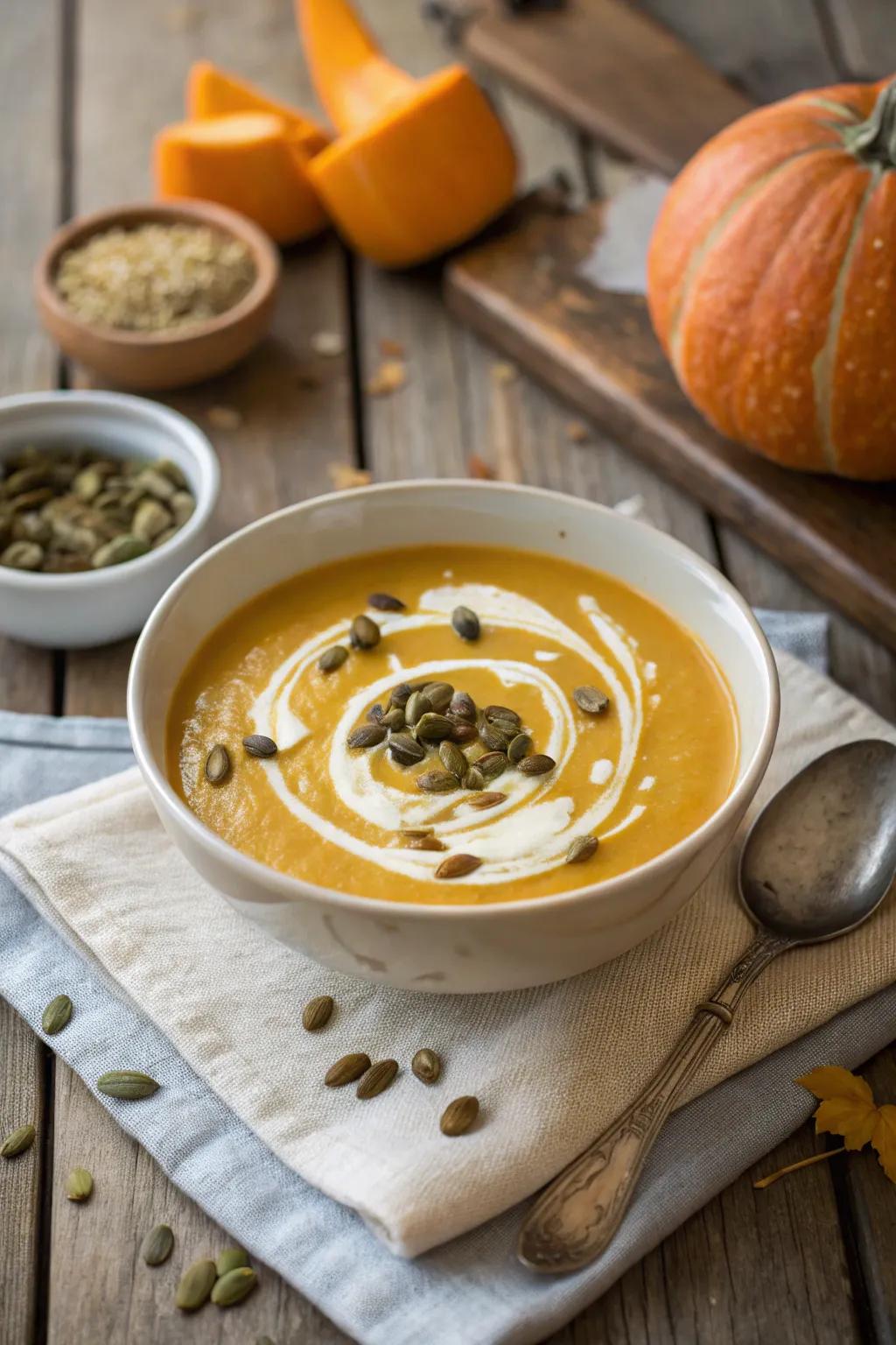 Silky pumpkin soup, a warming way to begin any December meal.