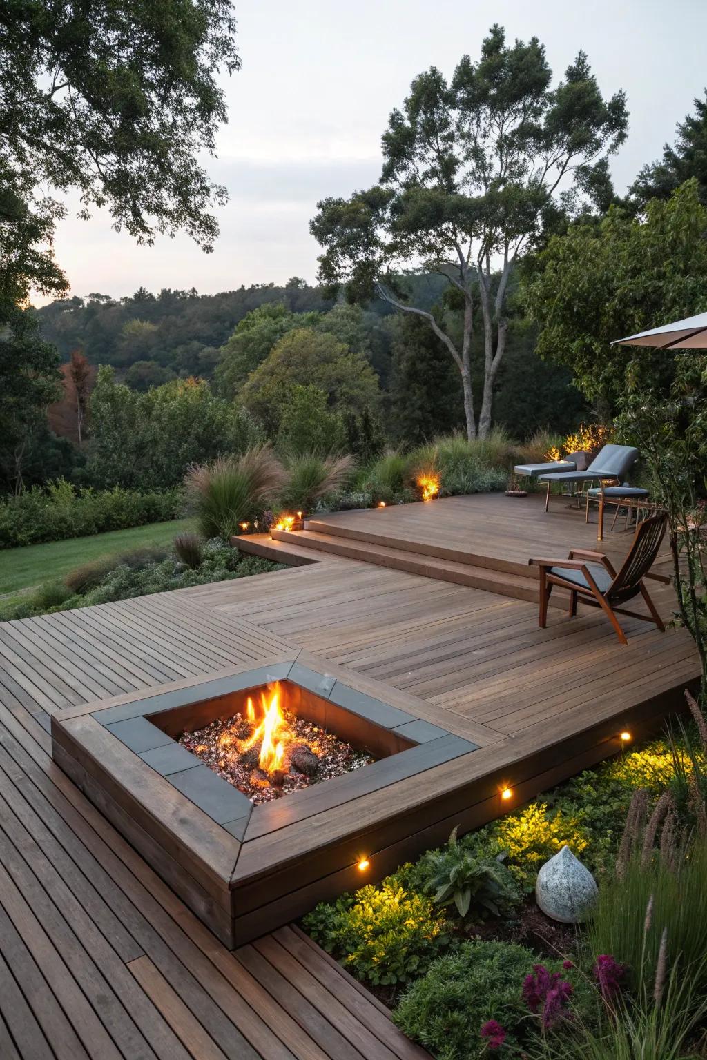 An elevated patio with a fire feature creates a spacious and welcoming outdoor area.