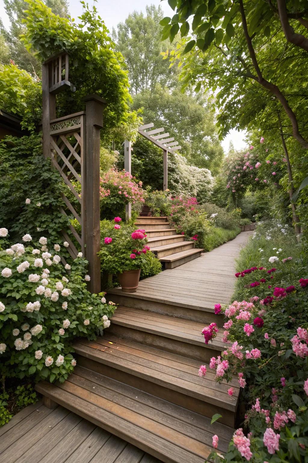 Deck steps mixed beautifully with garden plants