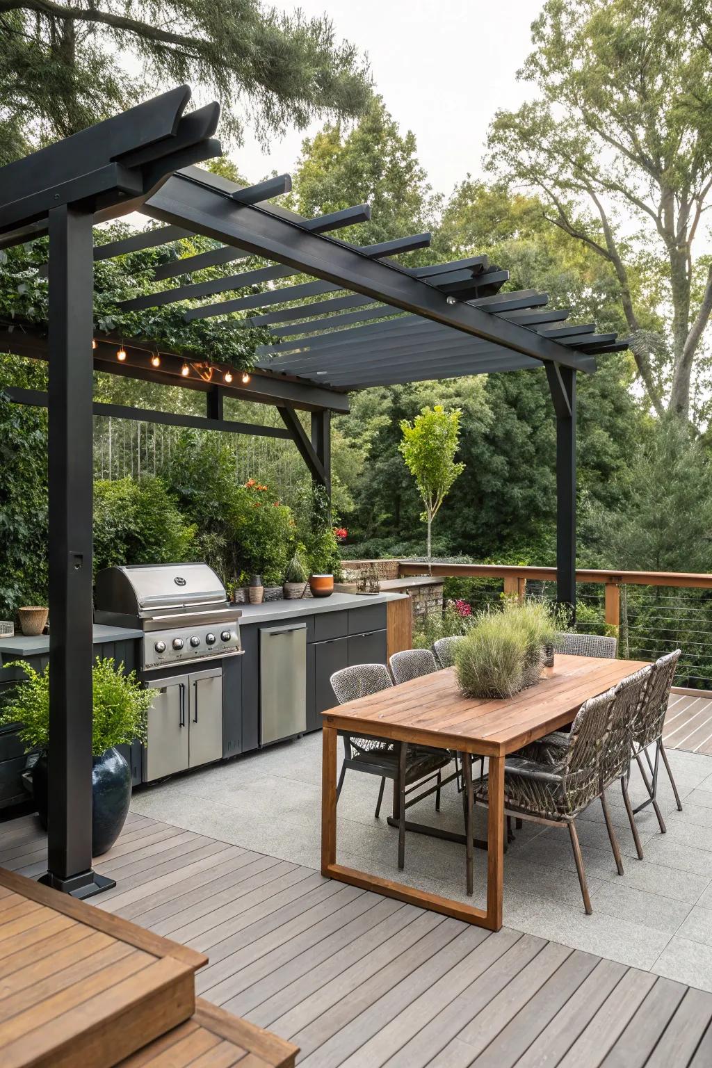 An outdoor kitchen situated under a pergola, perfect for culinary enthusiasts.