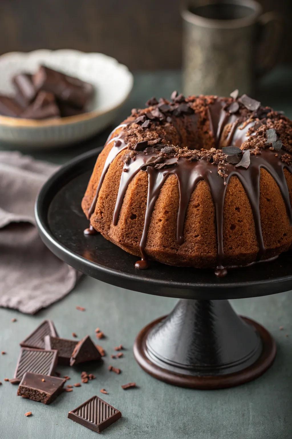 A bundt cake featuring a lavish chocolate drizzle and shavings.
