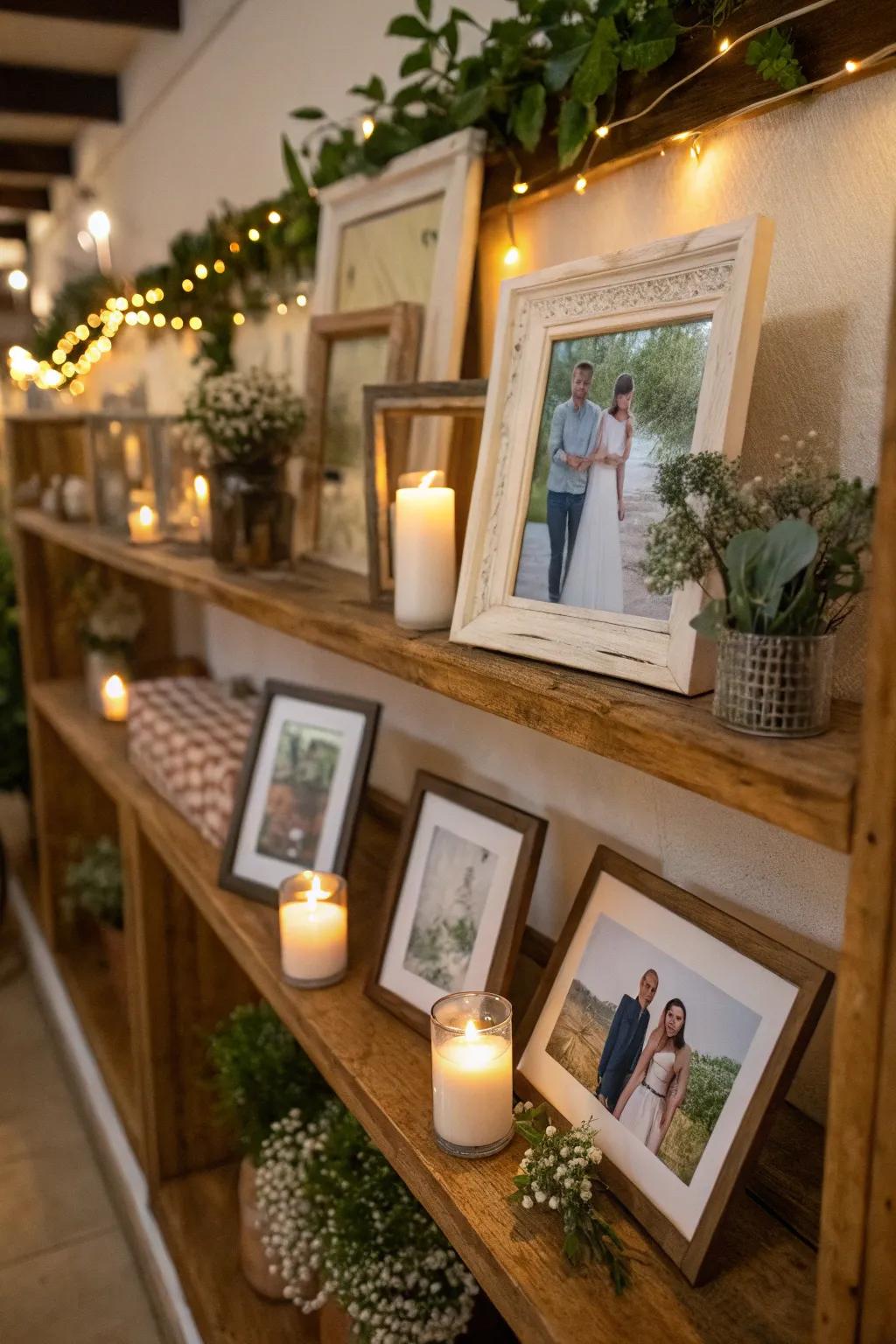 Decorative accents complement picture frames for an appealing display.