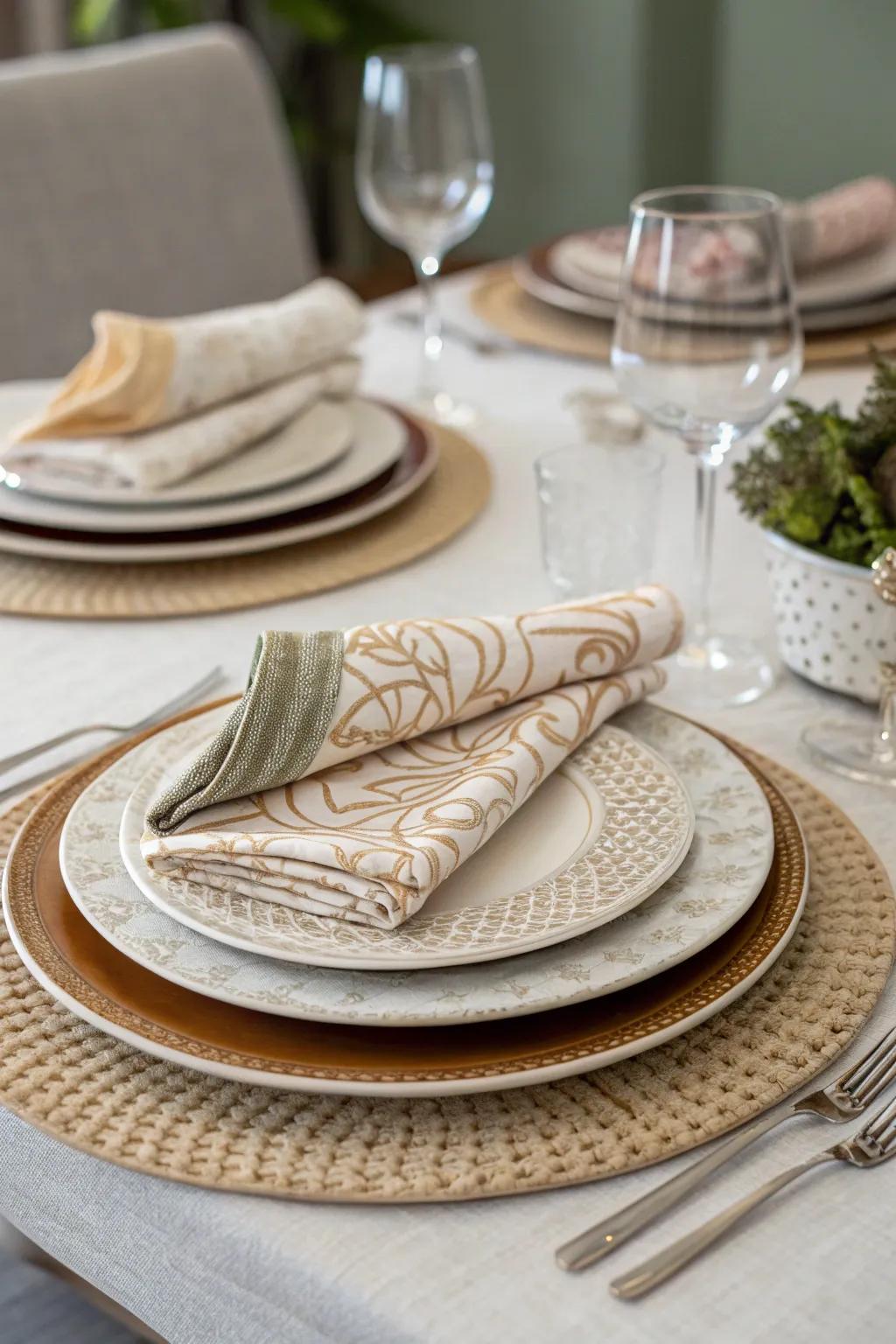 Table protectors layered with textiles for added elegance.