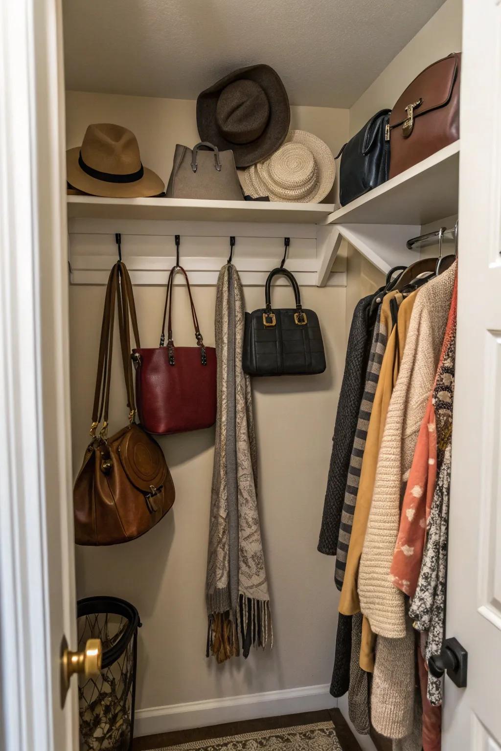 Make things easier to get to with hooks for bags and accessories.