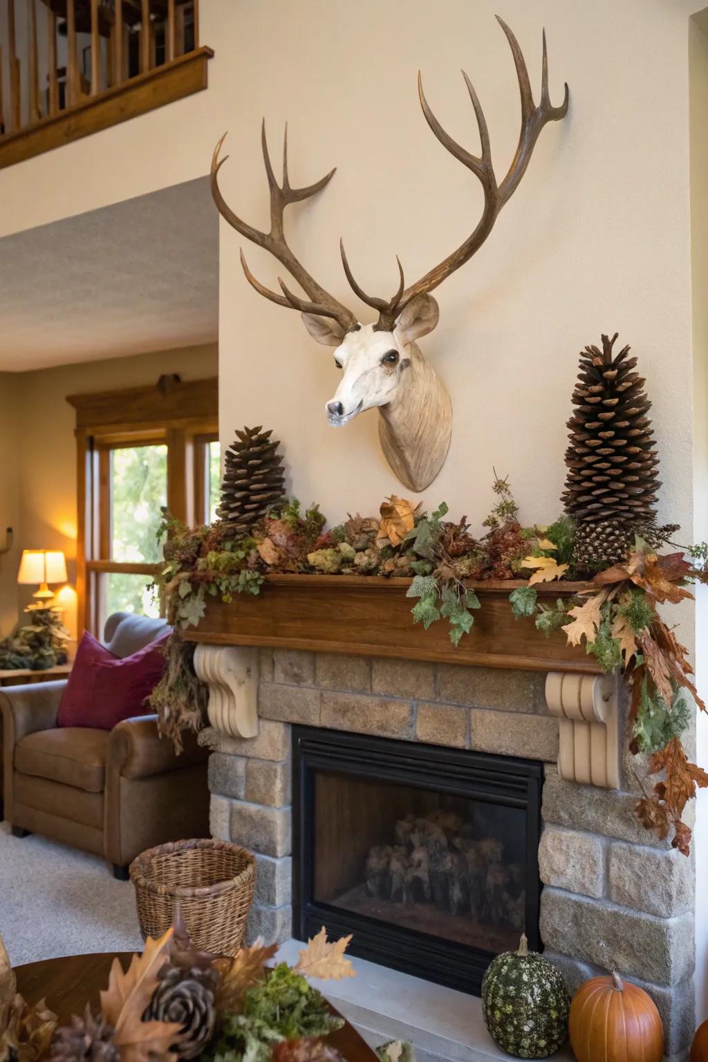 Nature-inspired details enhance this deer skull mount above a mantel.