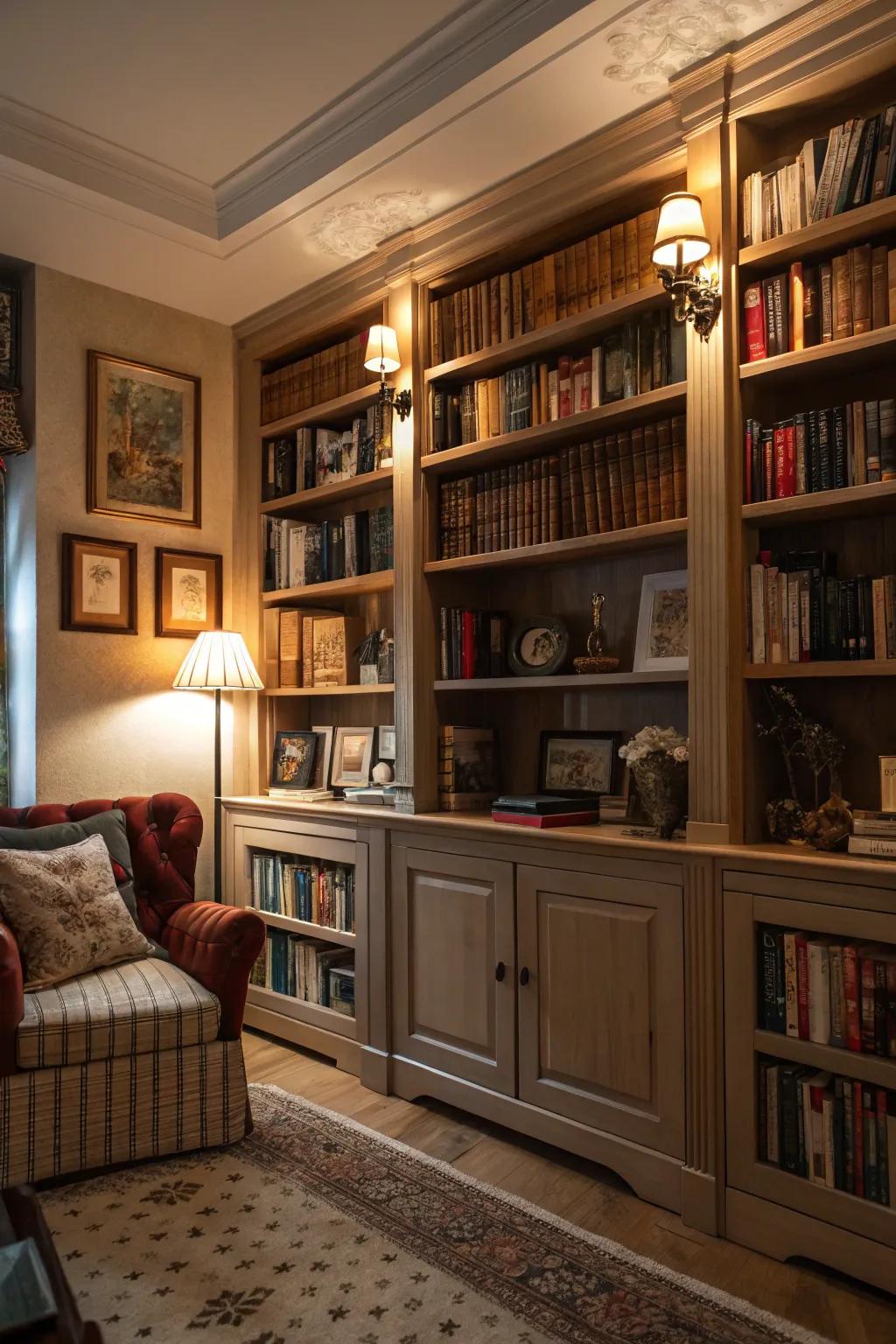 Book storage adds style and function to the den.