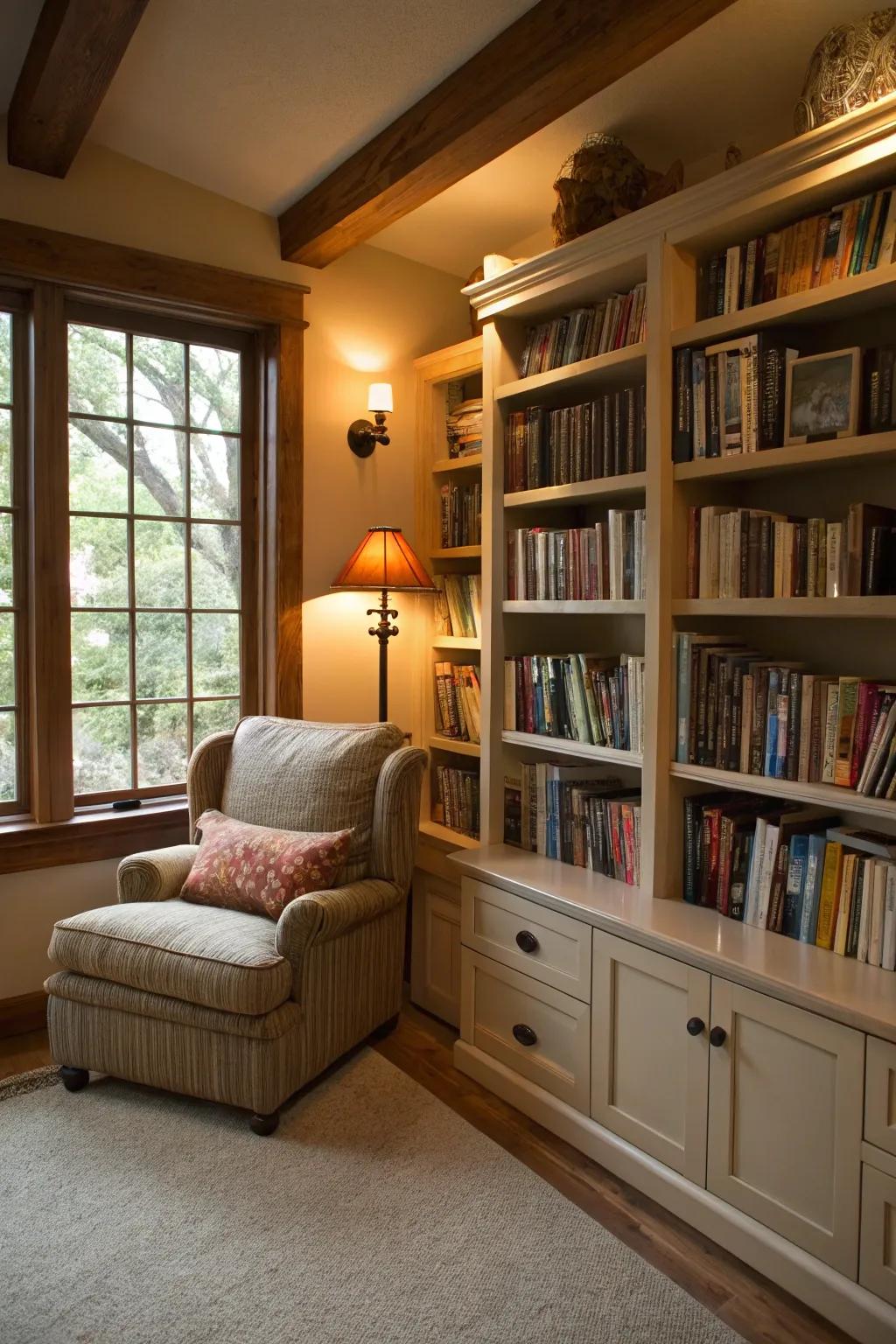 A den showcasing a cozy home library with integrated bookshelves.