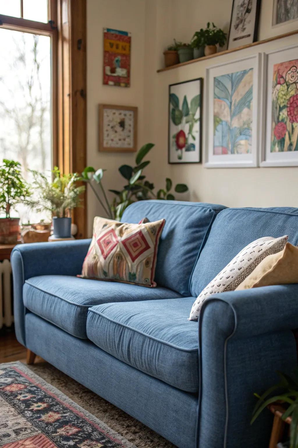 Decorative details bring warmth to a cerulean settee setting.