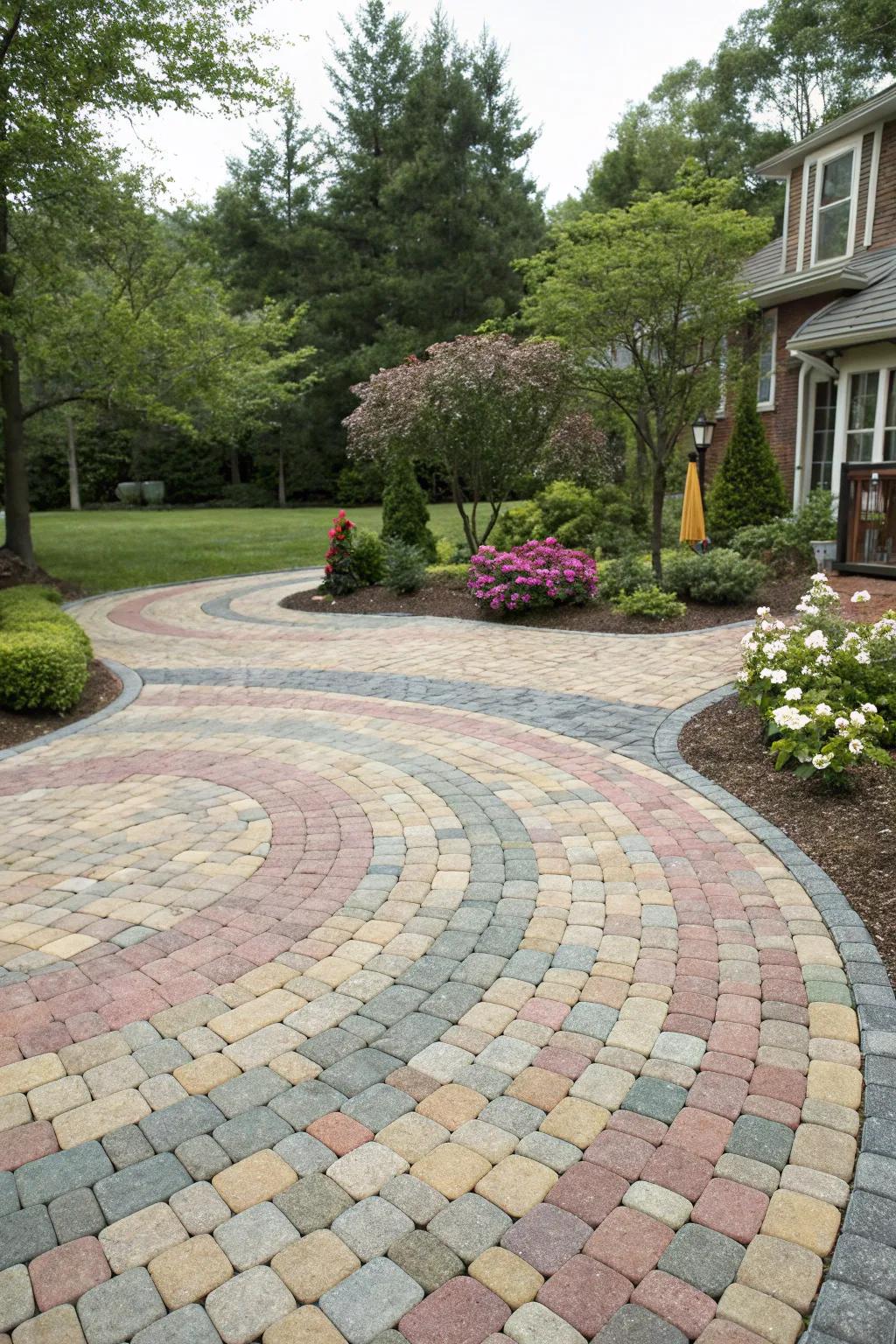 A paver driveway displaying complex designs embodies meticulous and considerate design.