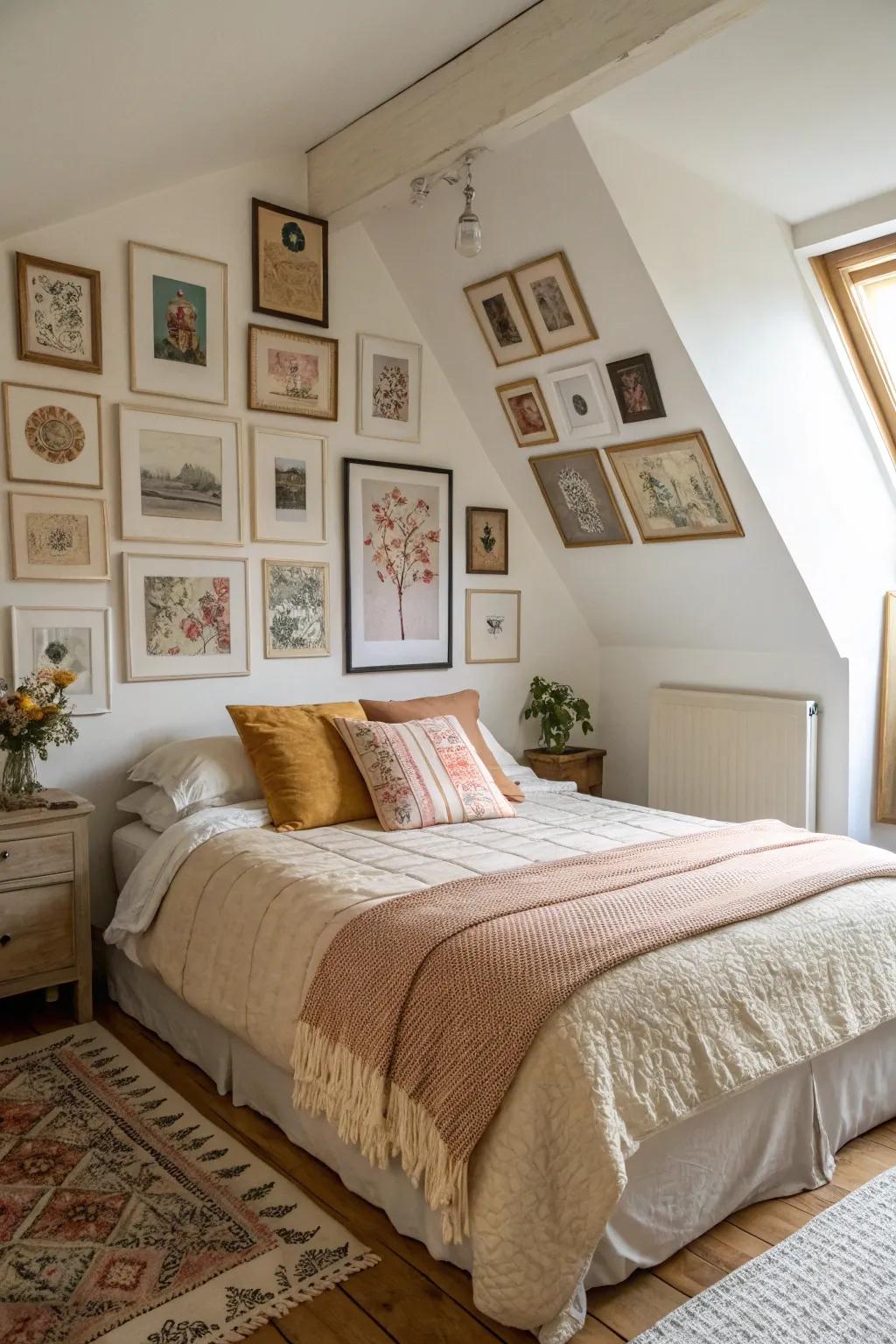 A gallery wall adds character to a diagonal bed configuration.