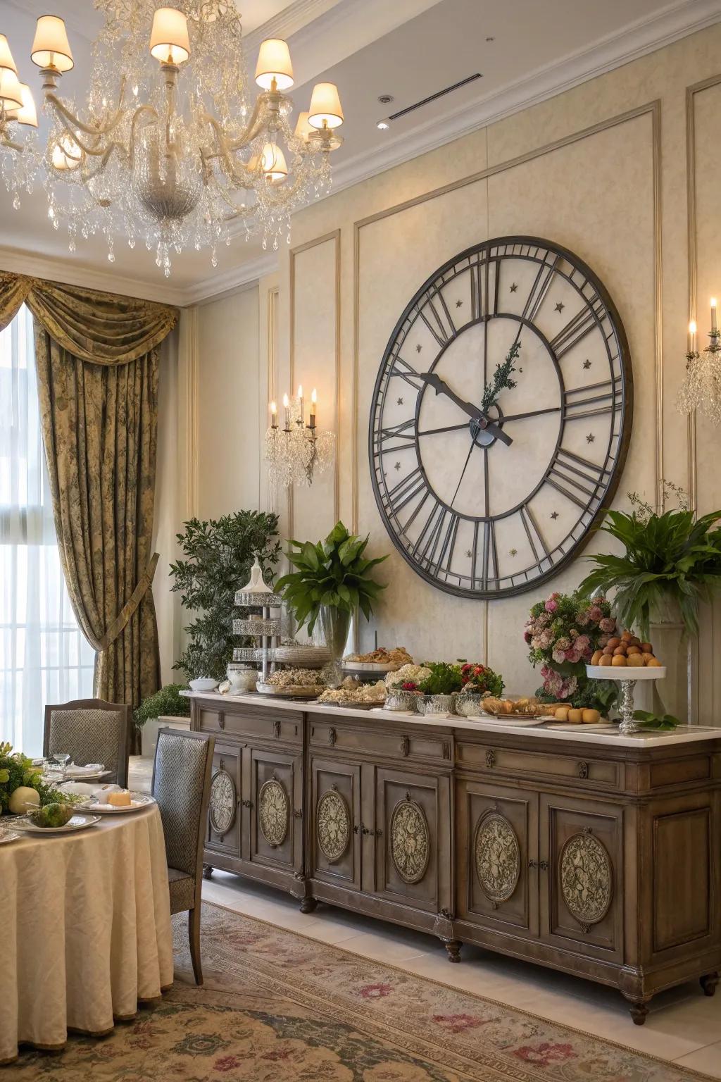 A prominent clock acts as both a functional and elegant centerpiece.