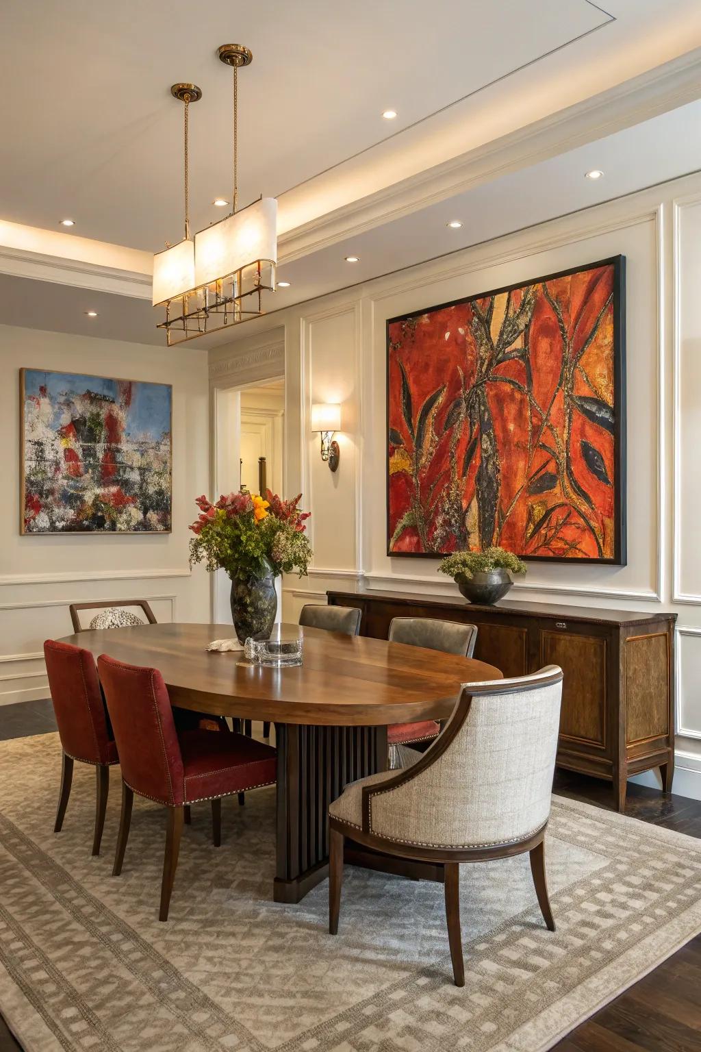 Striking artwork can transform a dining area into a haven of artistry.