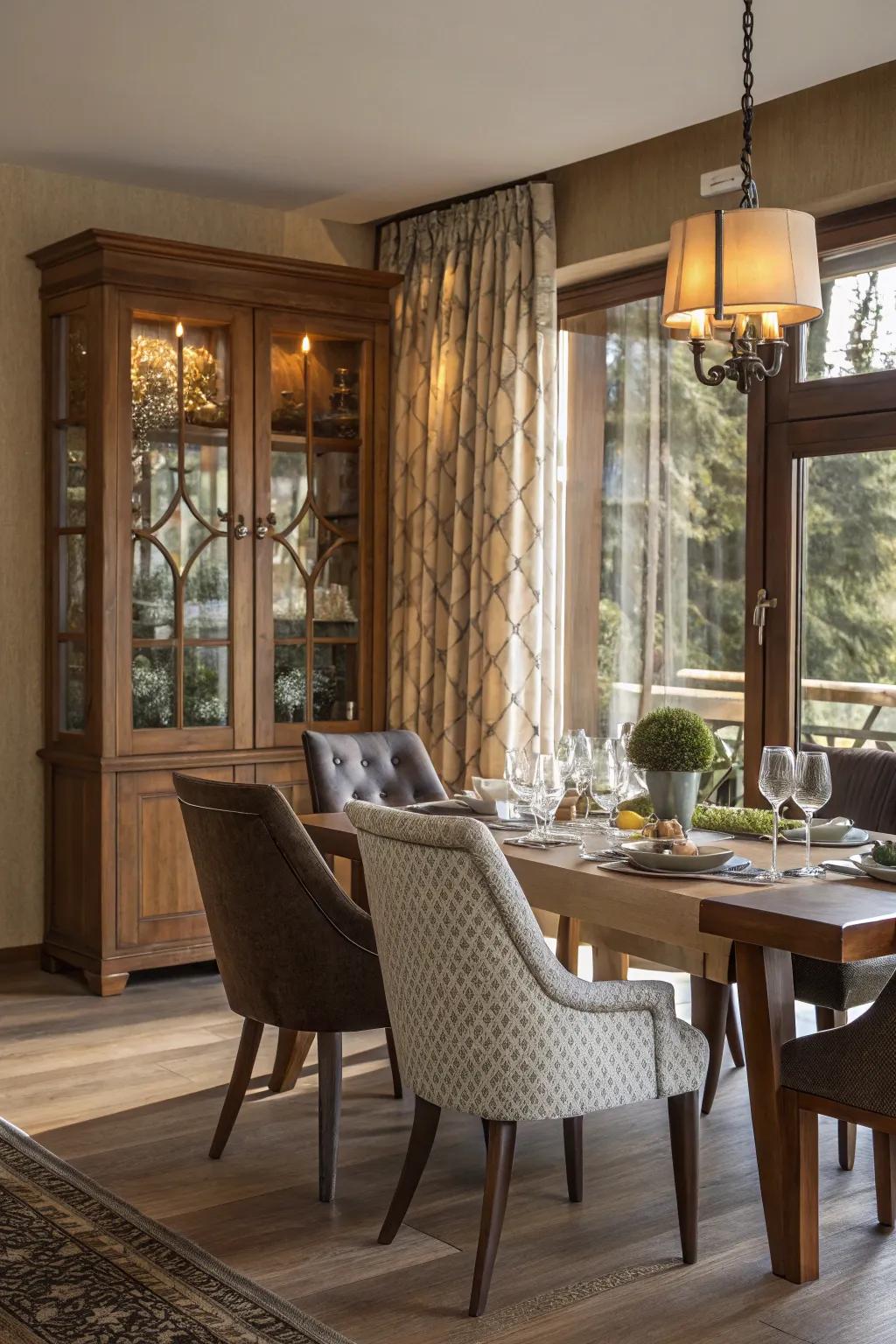 A harmonious blend of materials that crafts a visually engaging dining area.