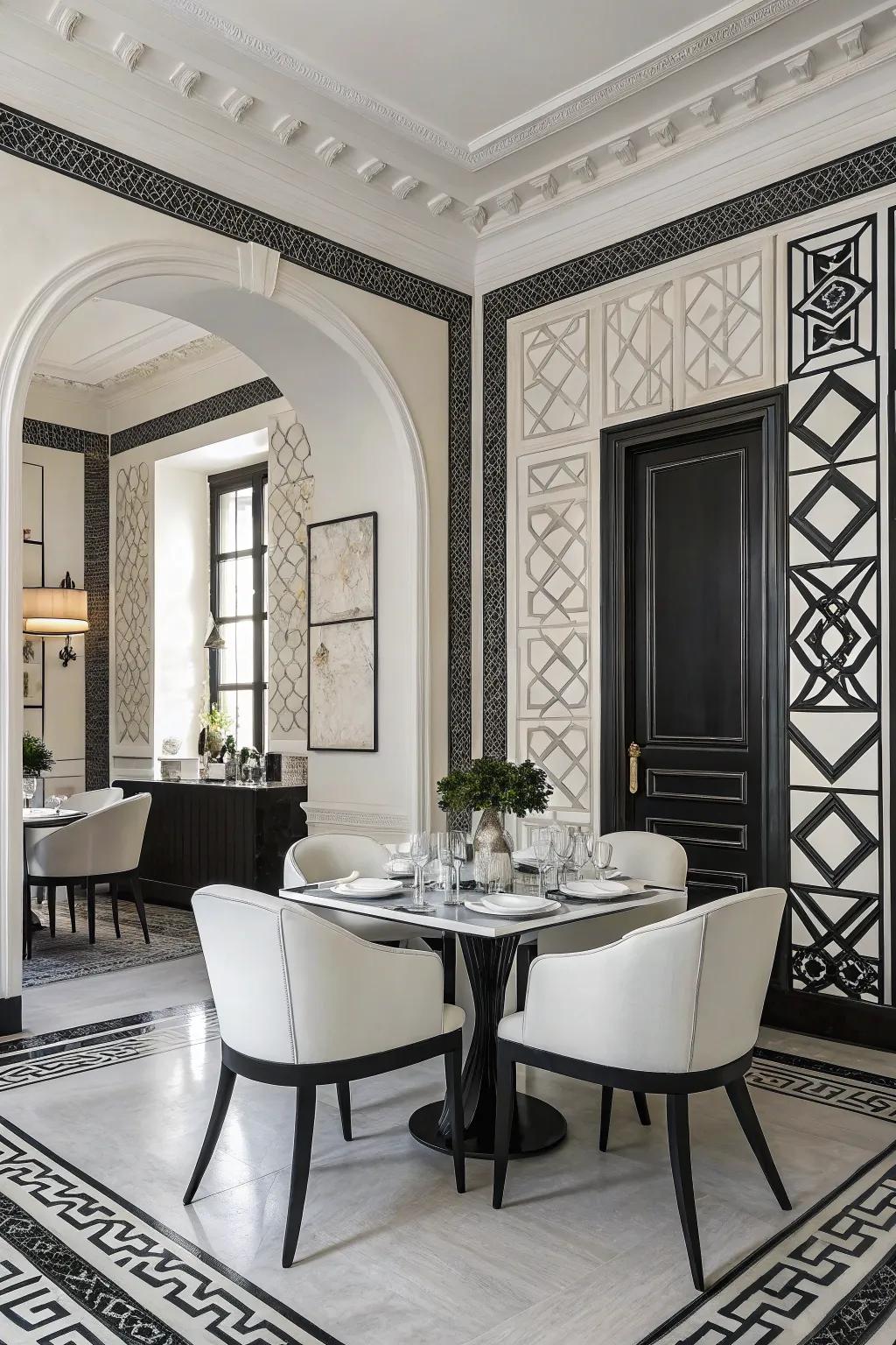 A classic black and white dining space radiates timeless beauty.