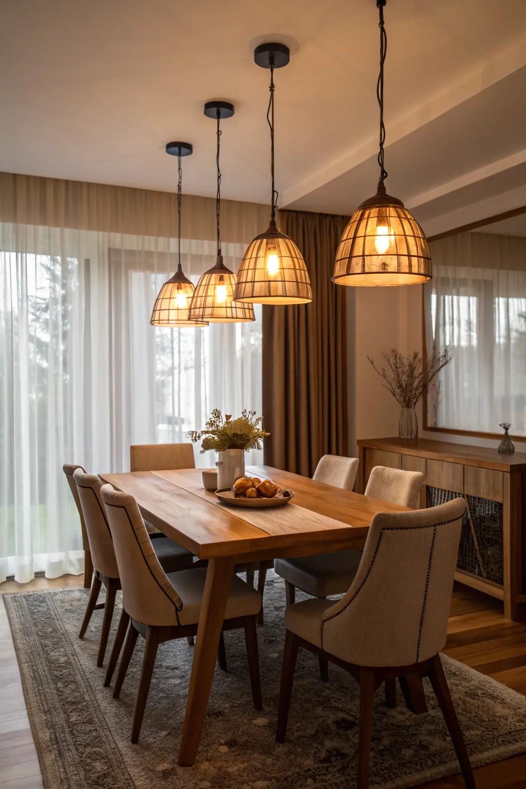 Atmospheric lighting with hanging lights establishes a cozy dining ambiance.
