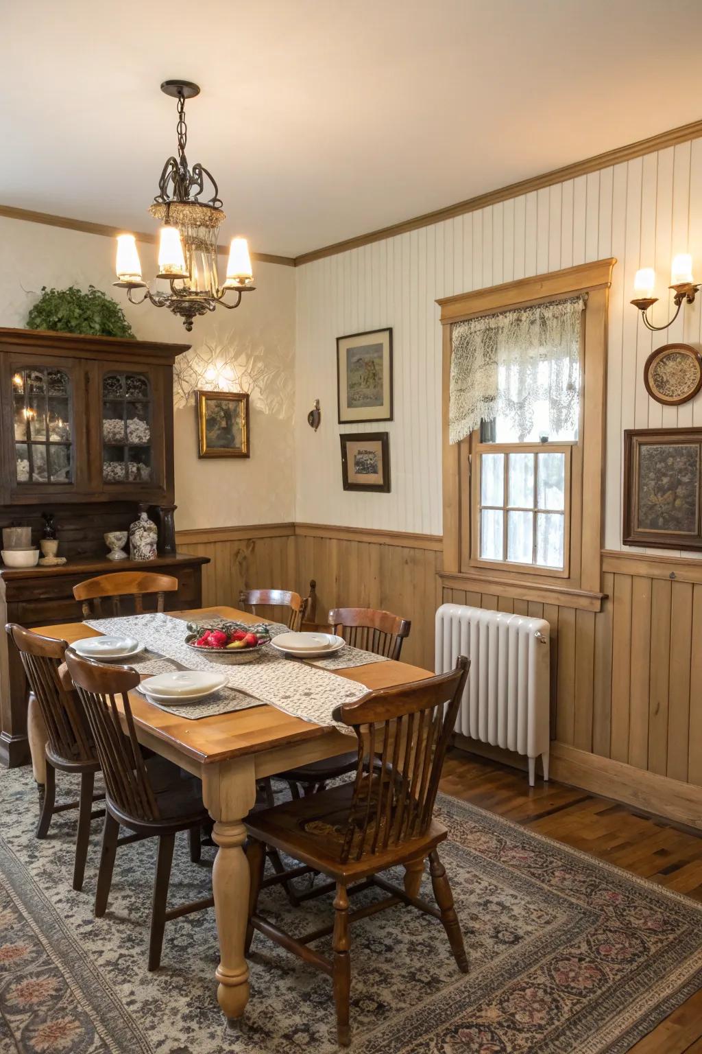 This dining room benefits from the touch of grace and texture added by board and batten wainscoting.