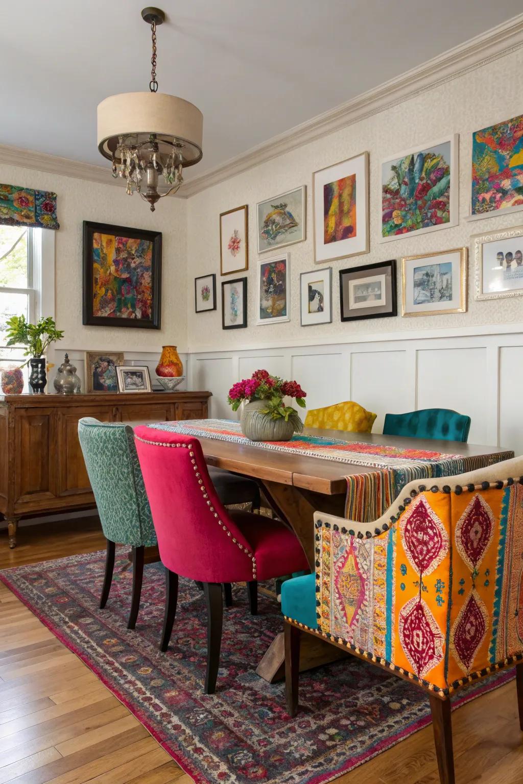 A varied palette of colors brings playful energy to the dining room.