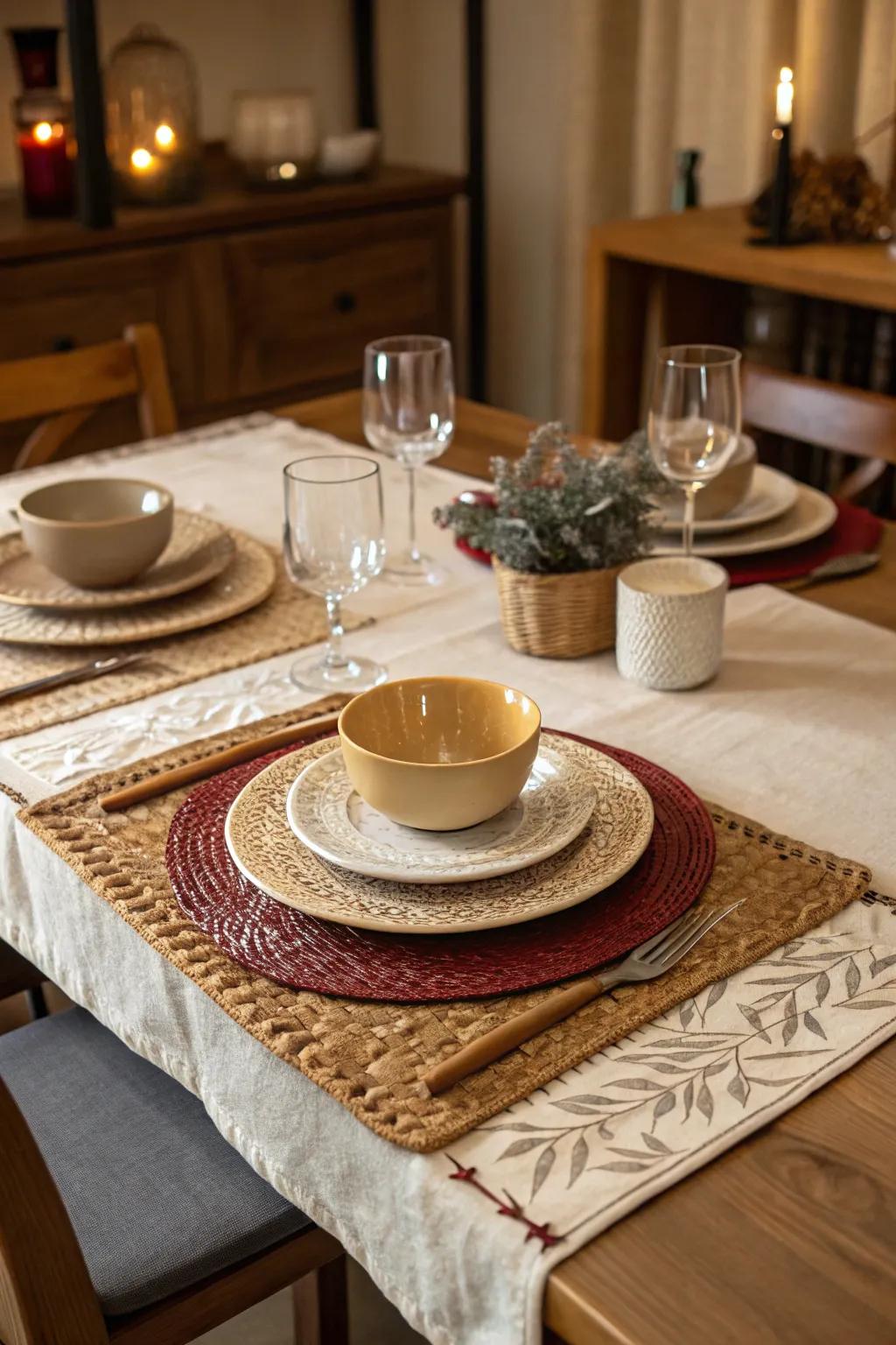 A dining table enriched with layered table runners and textured placements.
