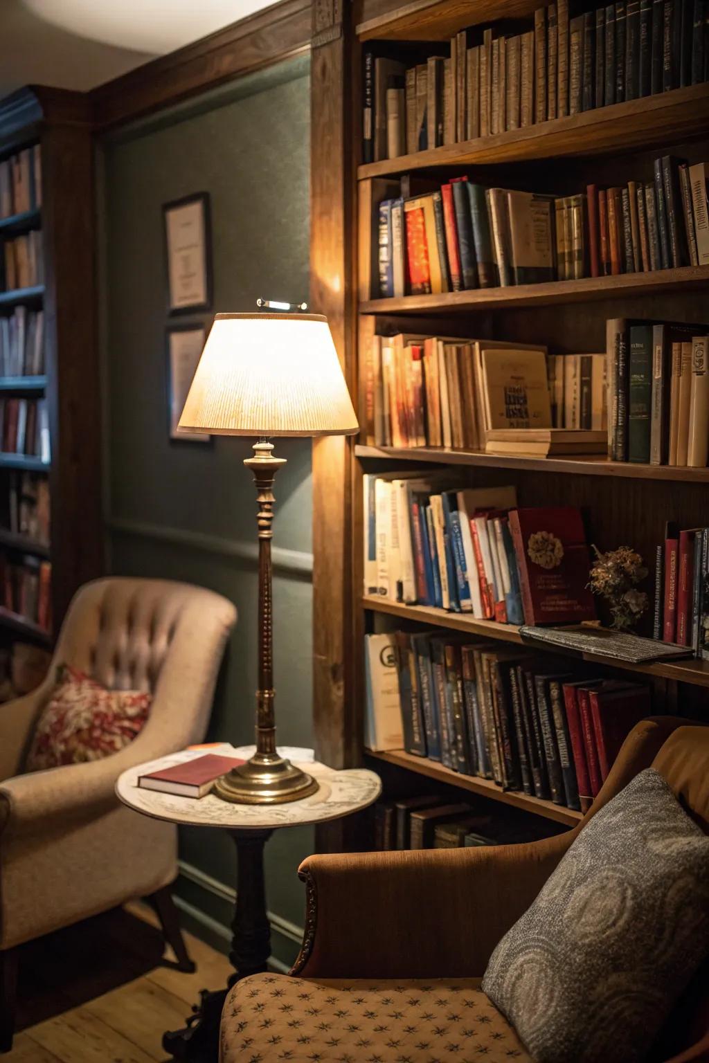 Angled shelves establish a cozy perusing spot.