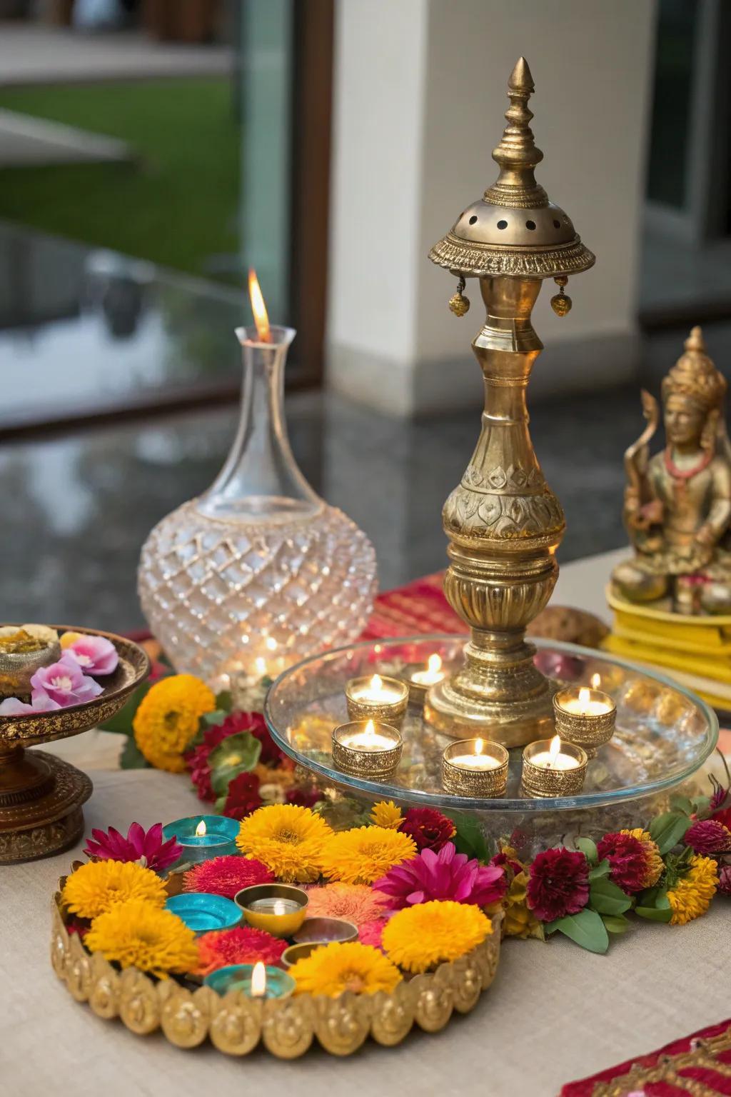 Festive centerpieces made of glass and brass add a dash of sophistication to the table.