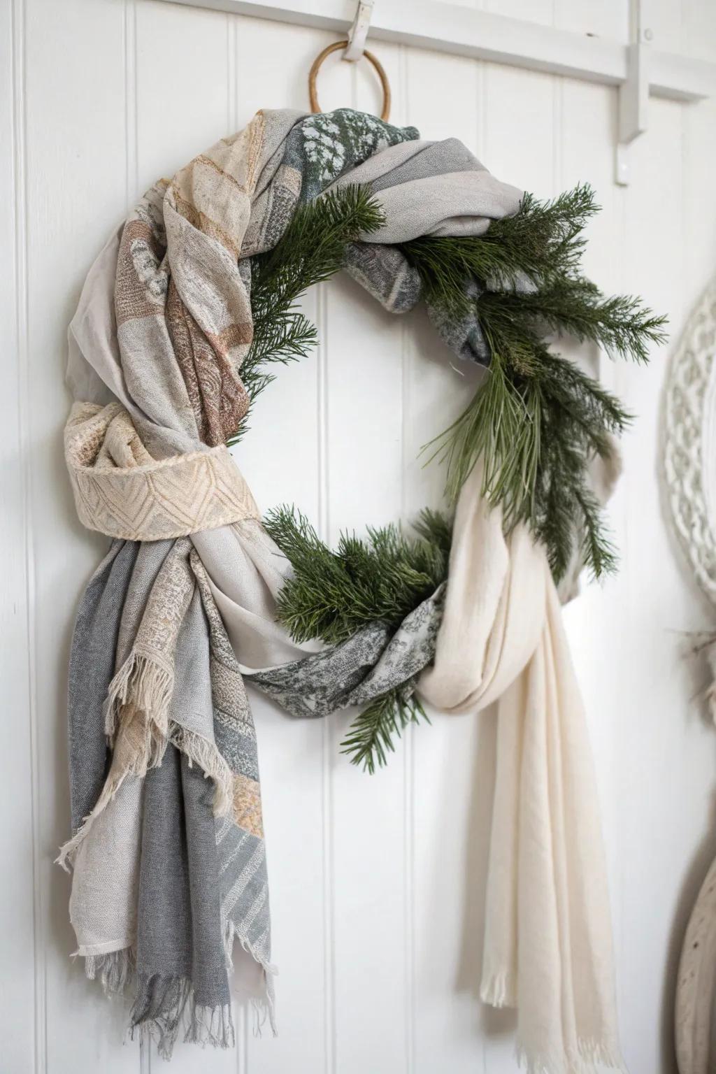 Embrace the realm of upcycling through a textile-transformed wreath, exuding inviting sophistication. 🎄✨