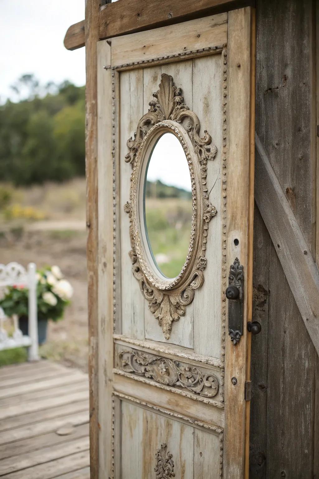 An aged reflector on a door makes an original focal point.