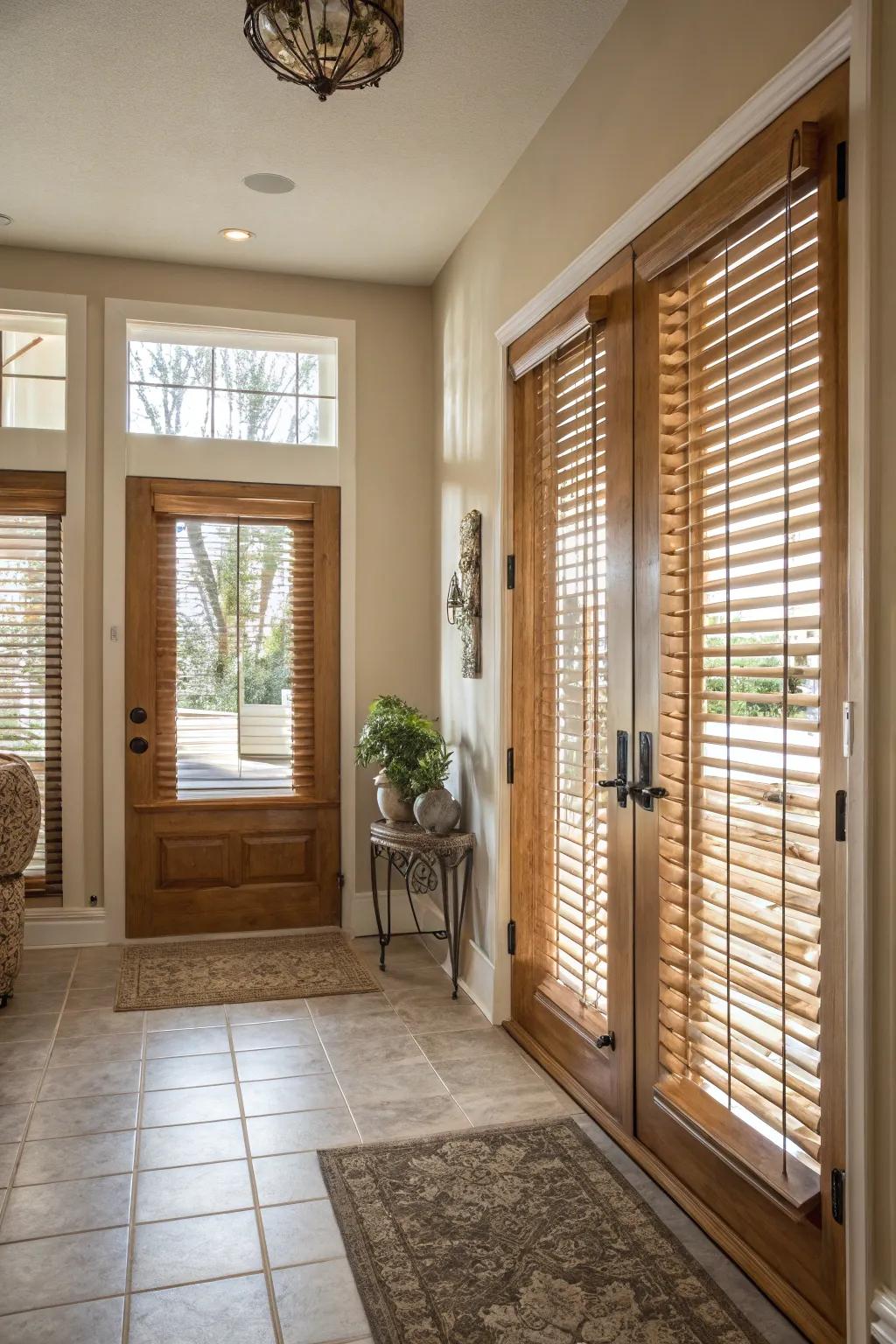 Wood slats deliver genuine comfort and privacy for entryway windows.