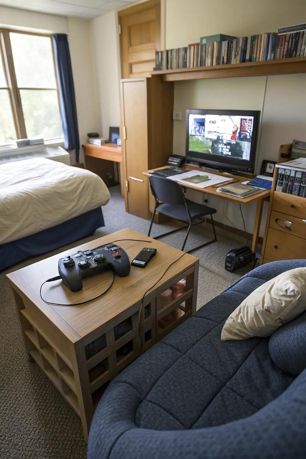Build an entertainment setting for relaxation and gaming.