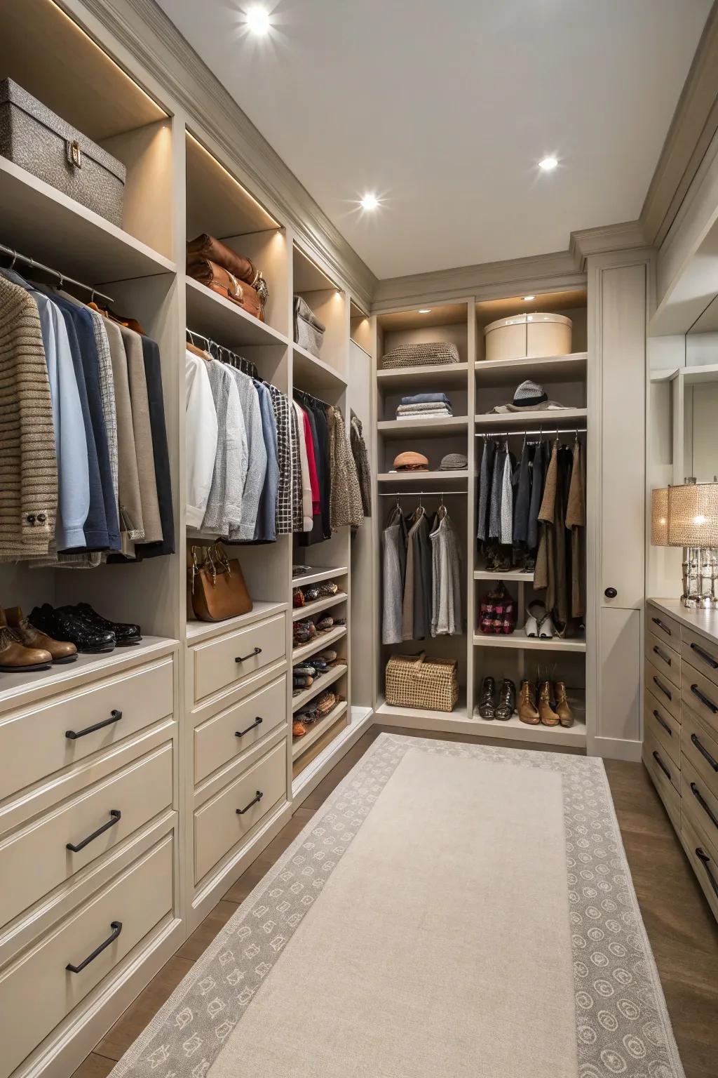 A double closet with walk-in features offers a balance of luxury and practicality.