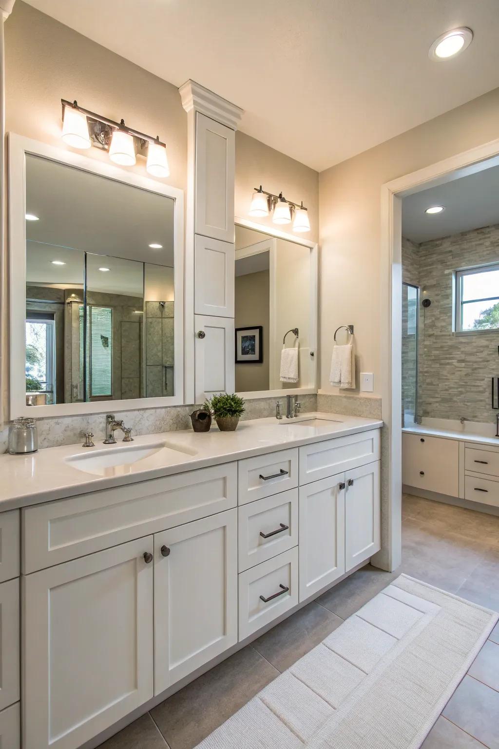 Generous cabinet storage beautifully complements the double sinks in this bathroom.