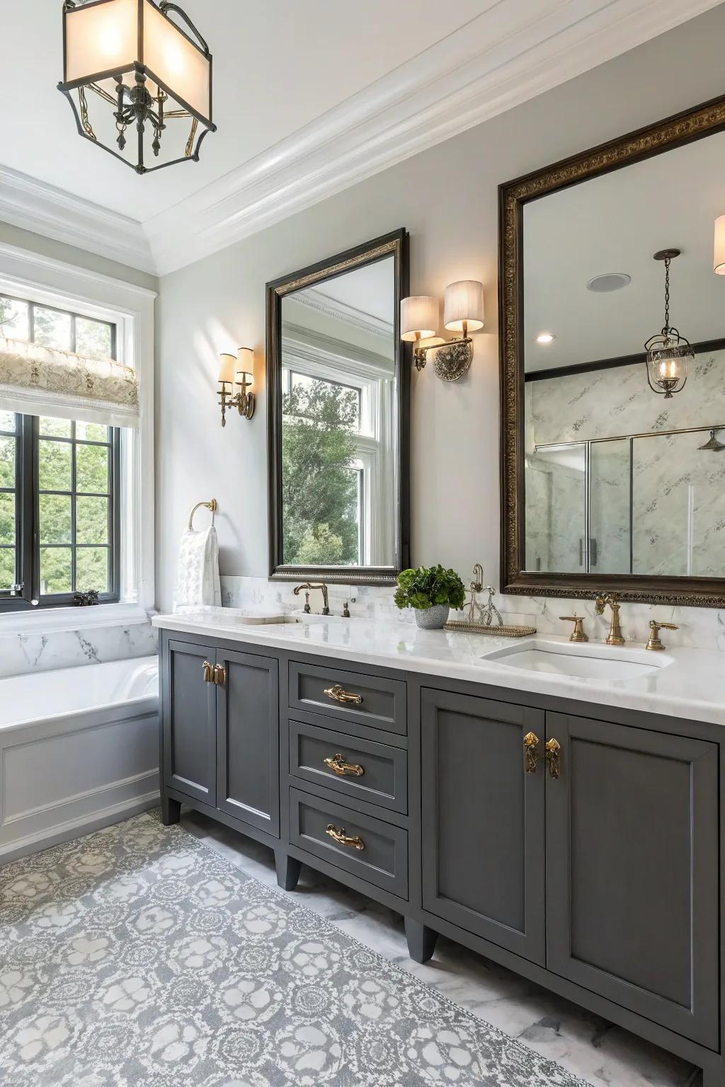 A harmonious blend of modern and timeless designs in a double vanity bathroom.