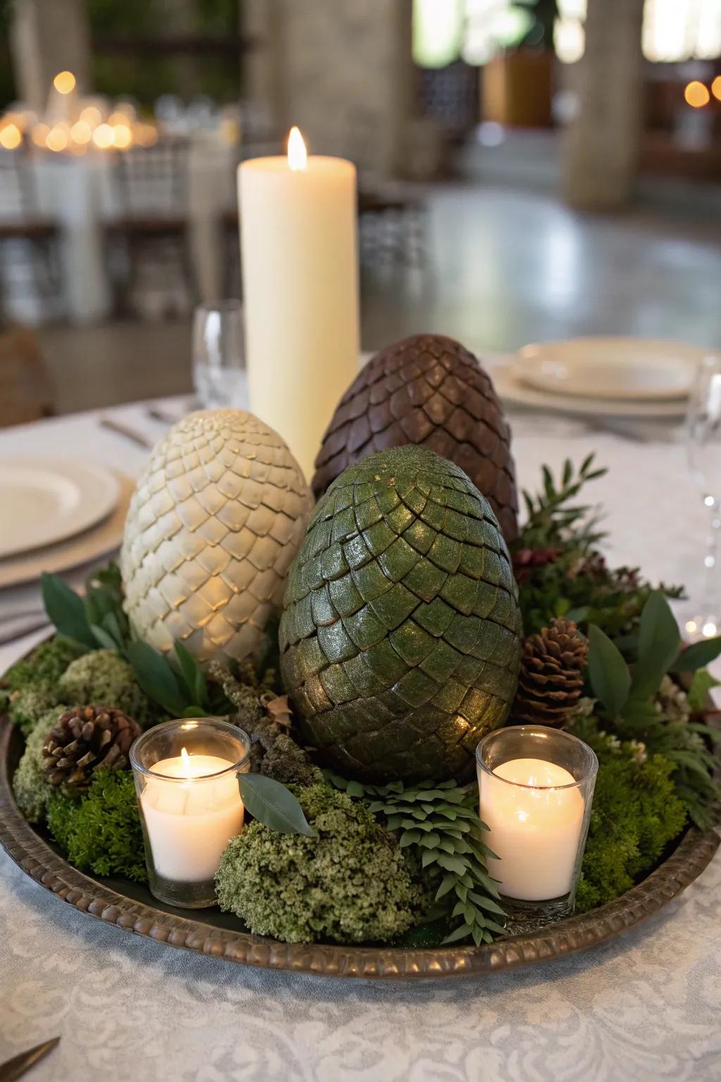 Dragon egg decorations introduce a whimsical impression to the tablescape.