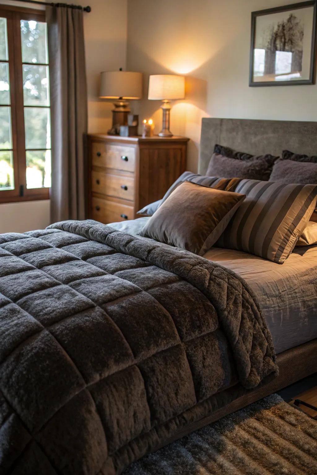 Delicate bedding in striking shades beckons with promises of warmth and solace.