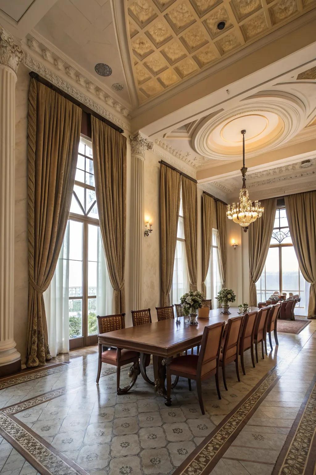 Extended-length drapes boosting the dramatic flair and elegance of a dining room.