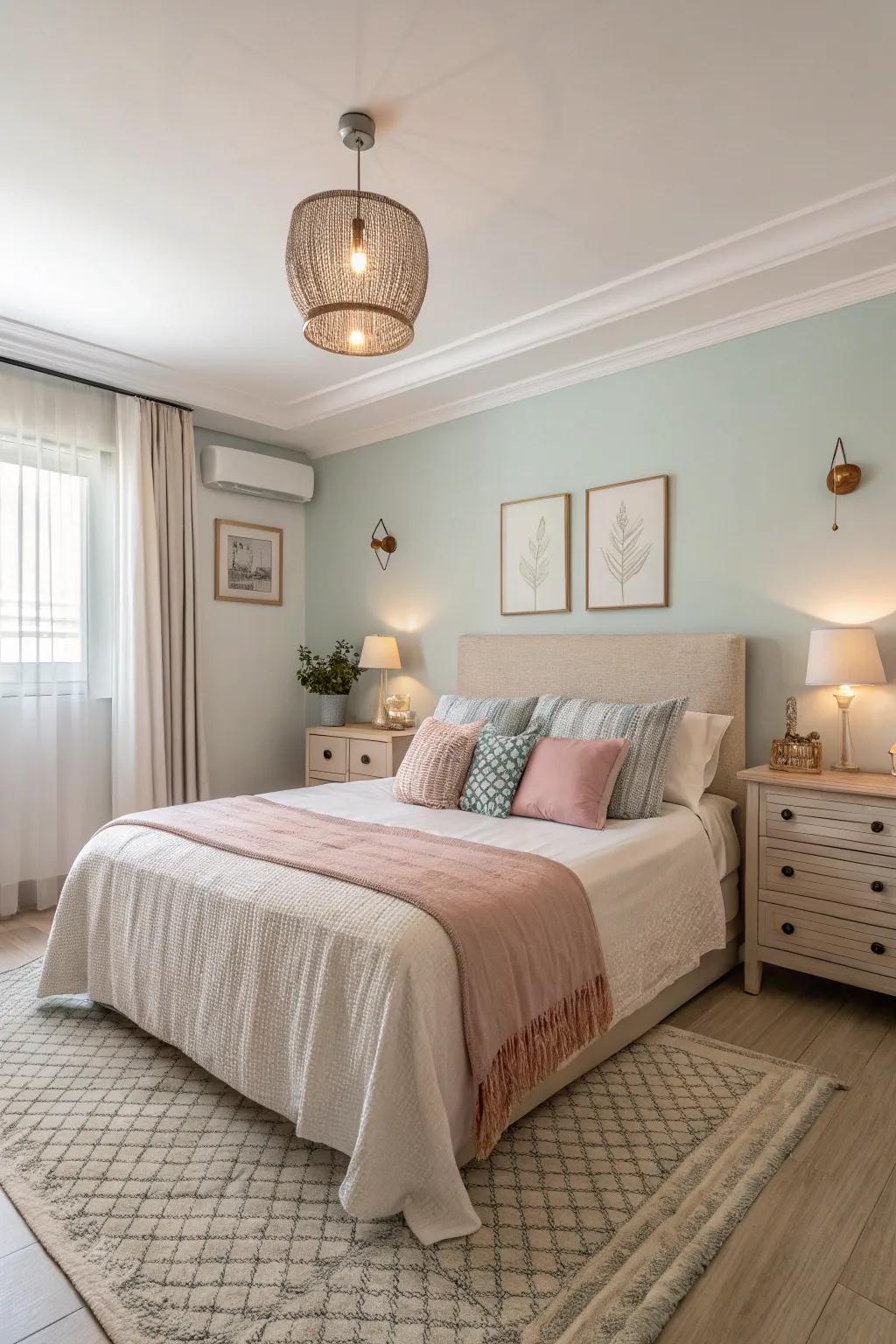 Muted tones create a calm and serene bedroom atmosphere.