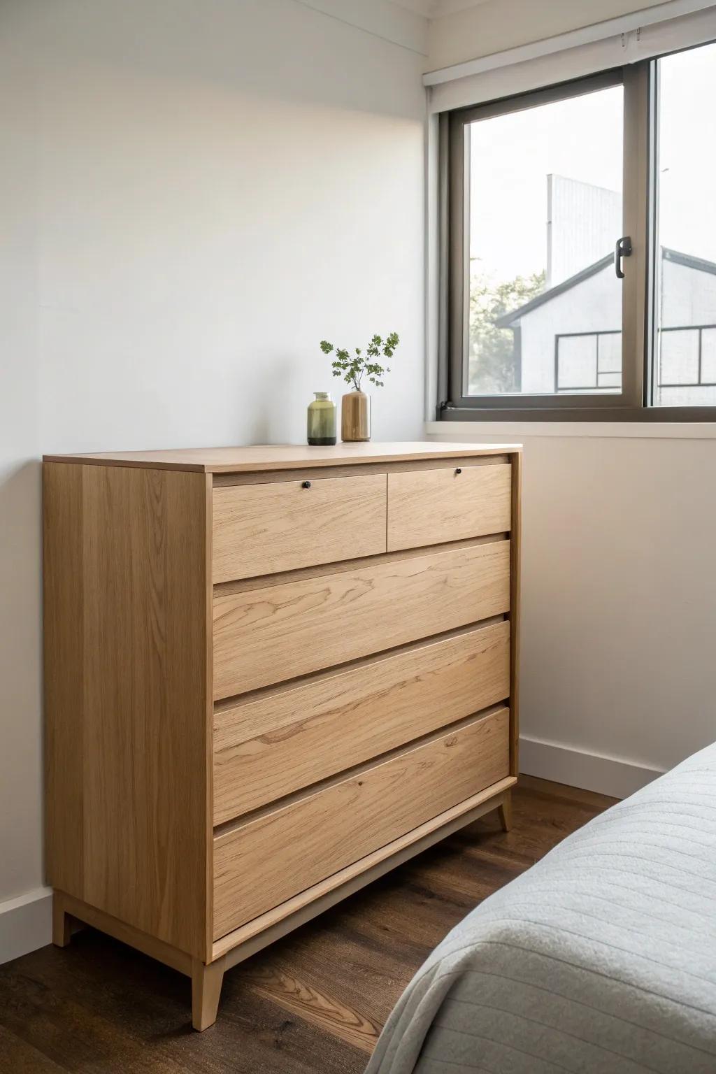 A minimalist dresser with sleek lines enhancing the modern appearance of a small bedroom.