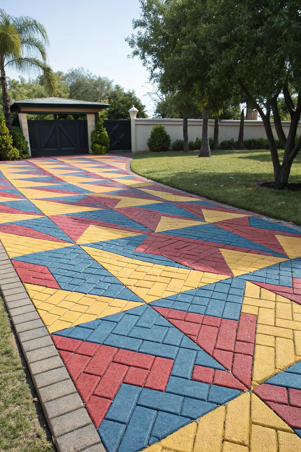 An artistic driveway featuring striking geometric paver designs.