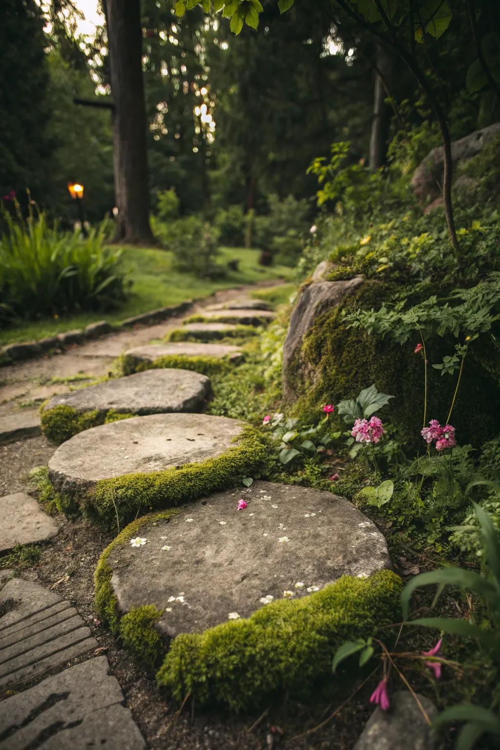 Natural stepping stones embraced by soft, verdant moss.