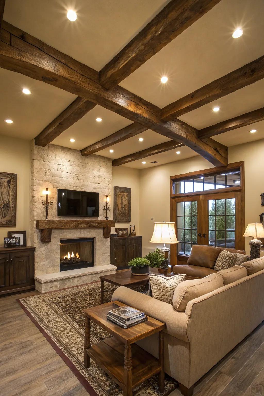 Wooden ceiling features introduce warmth and texture.