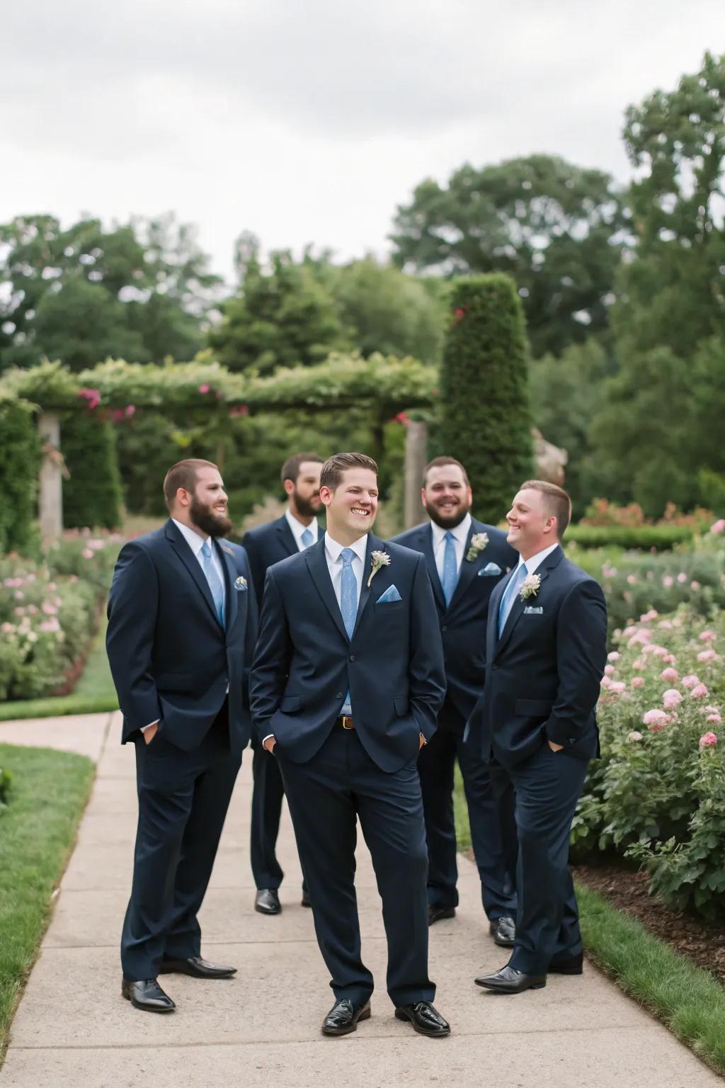 Groomsmen displaying refined hazy azure touches that impeccably supplement the wedding palette.