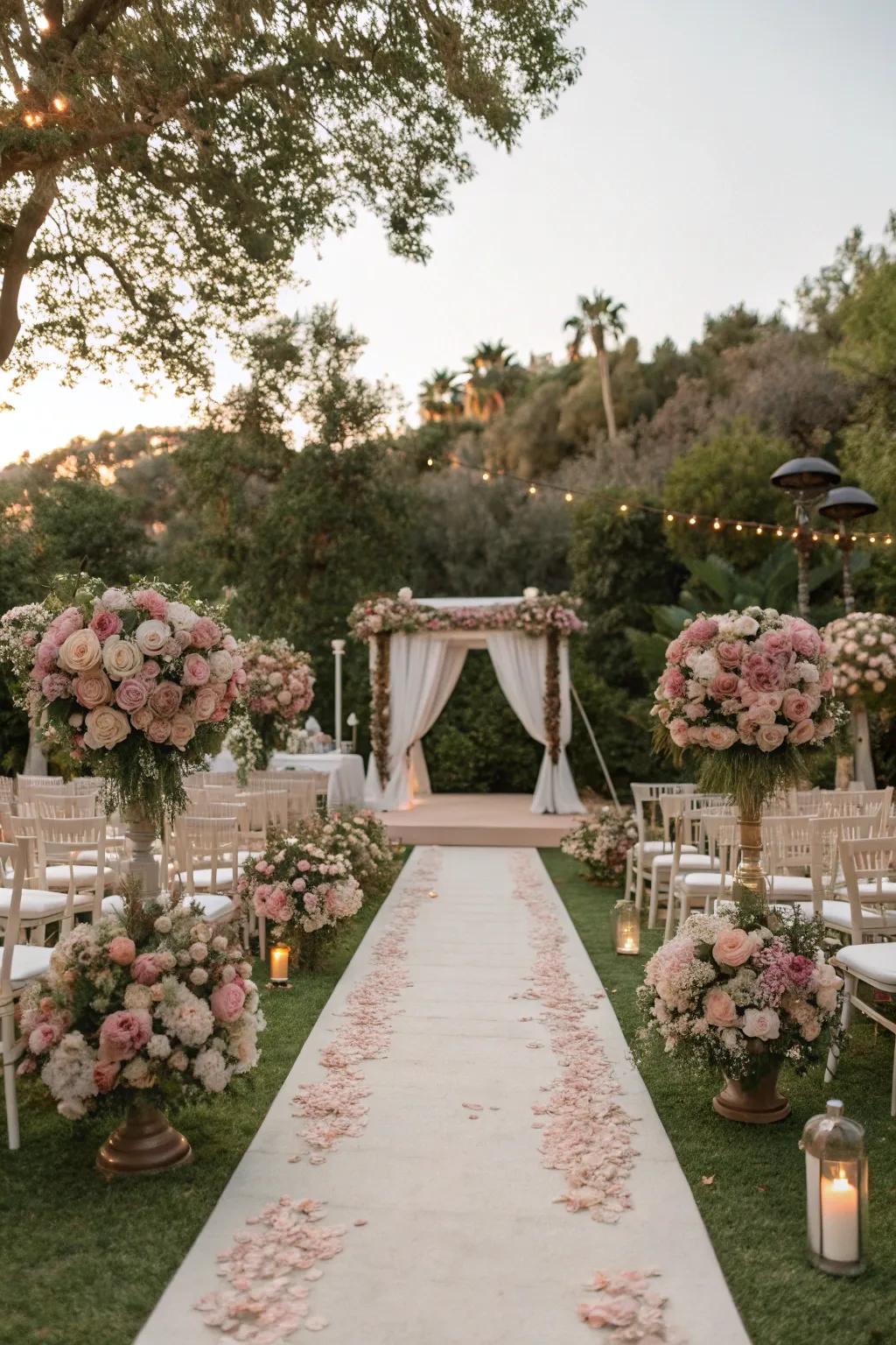 Open-air wedding venue showcasing rosewood blush decor.