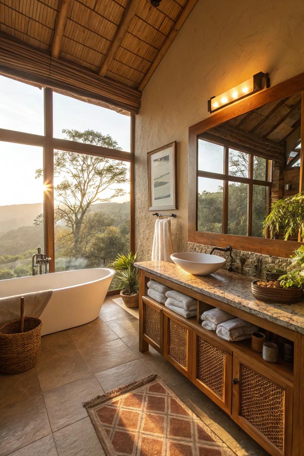 Natural illumination elevates the earthy ambiance of a bathroom.