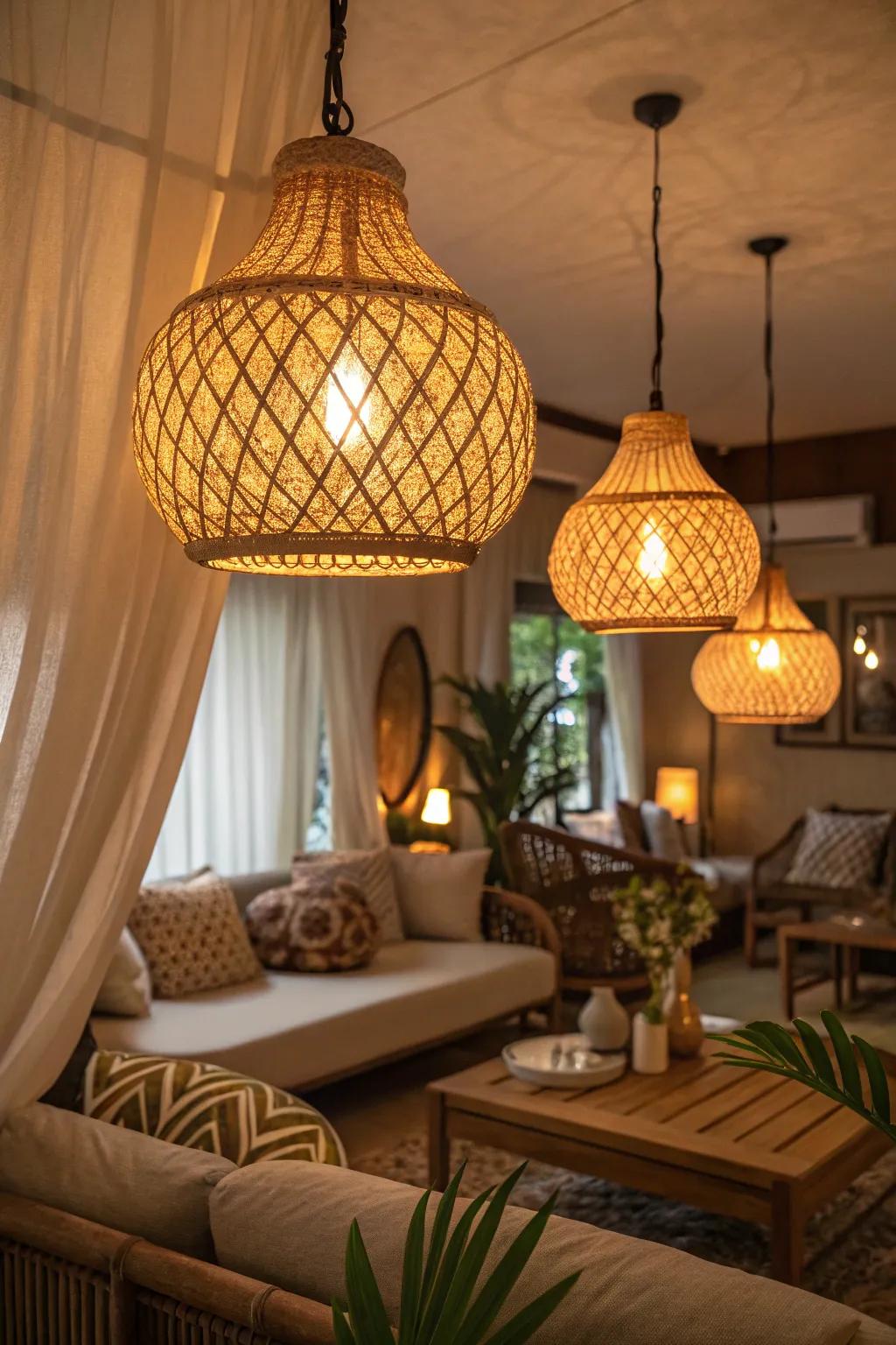 Space illuminated by warm, subtle lighting originating from woven lamps.